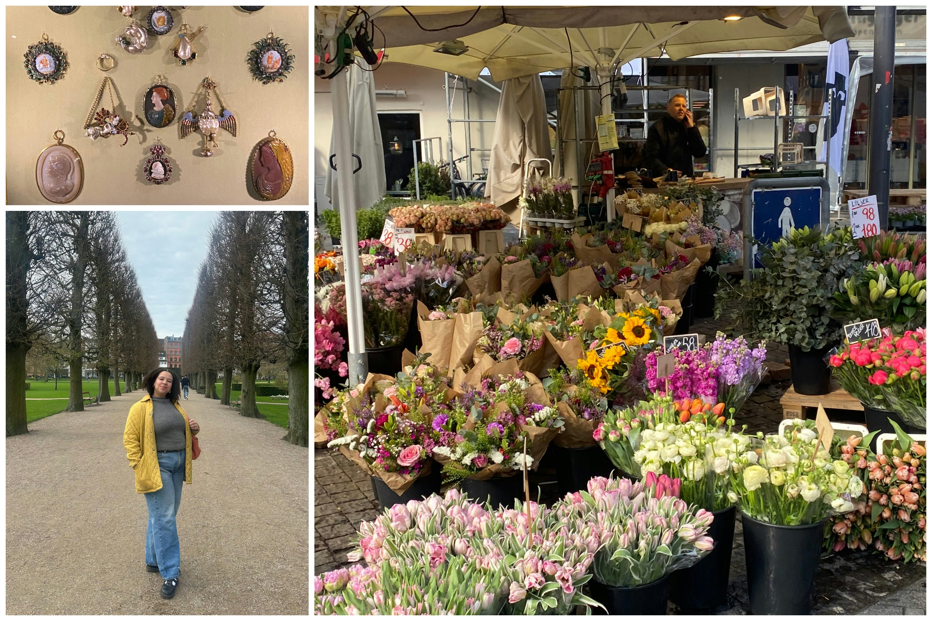 L-R: Broches from Rosenborg Castle, a flower market and Chamidae posing for a photo in the park