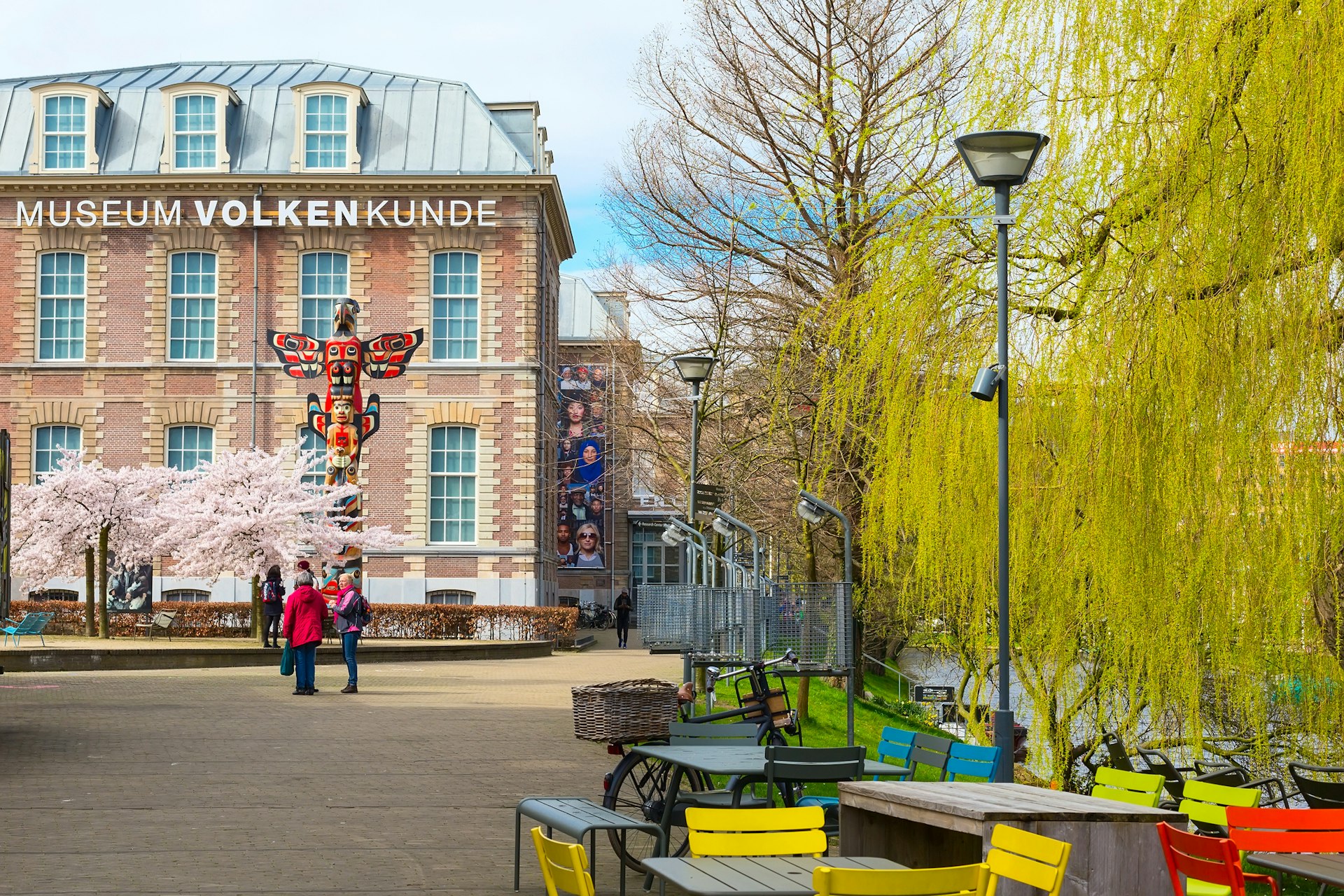 Volkenkunde museum and spring blooming trees in Leiden, Holland, Netherlands 