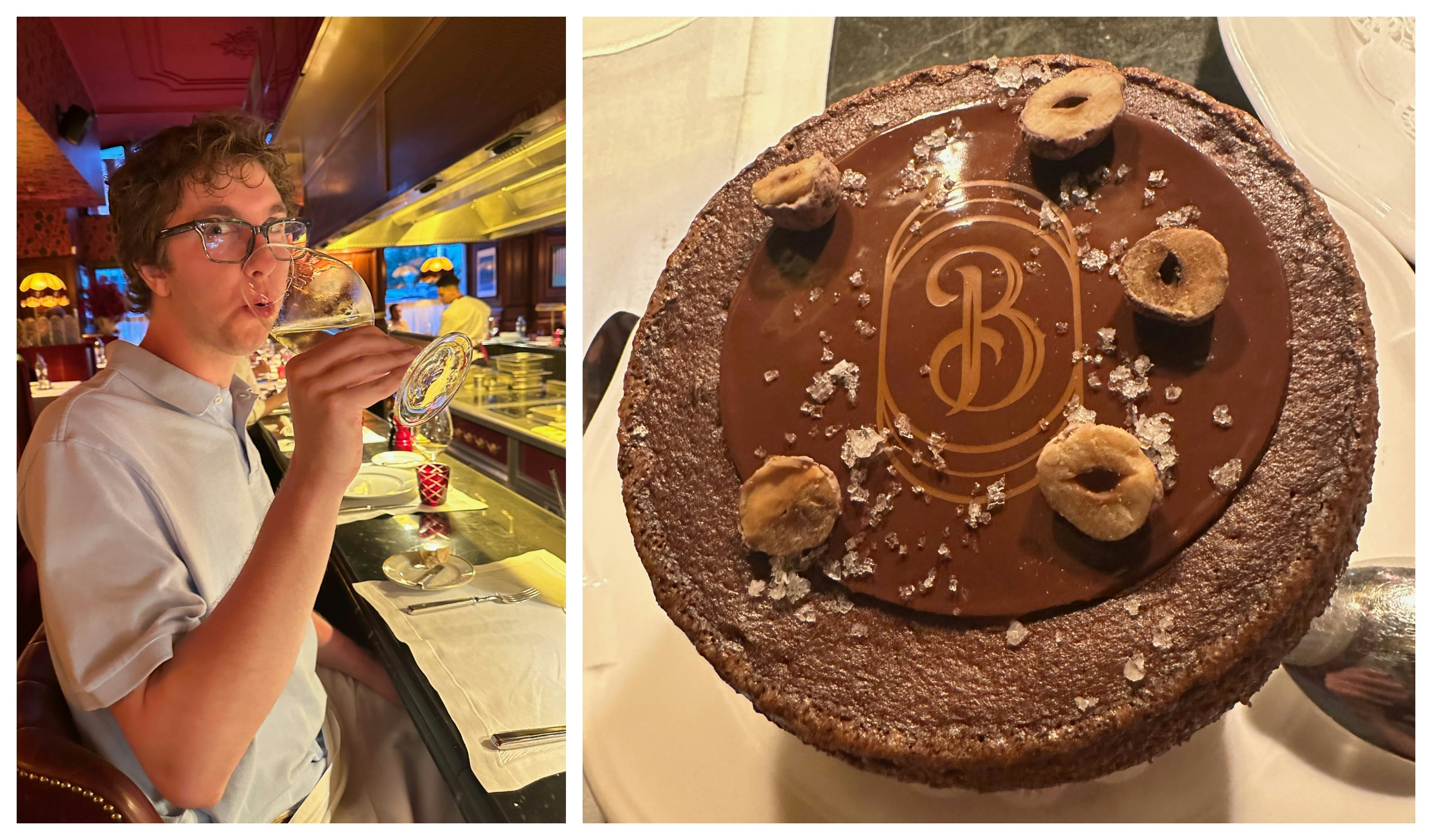 Left: a man in a restaurant takes a sip from a wine glass. Right: a chocolate dessert topped with nuts