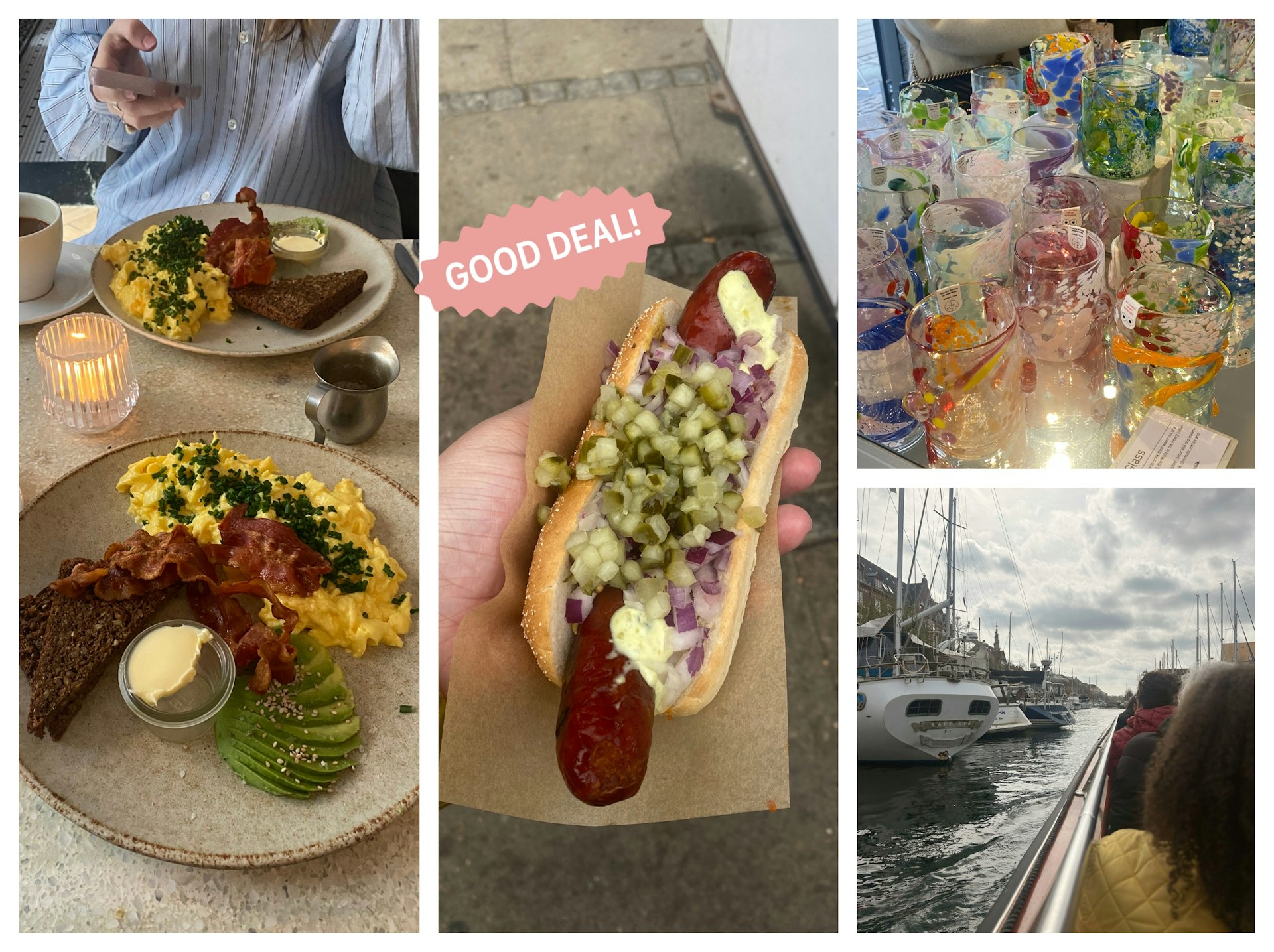 L-R: Avocado, bacon and toast; up-close shot of a hotdog; a collection of colorful glassware; a boat tour of Copenhagen