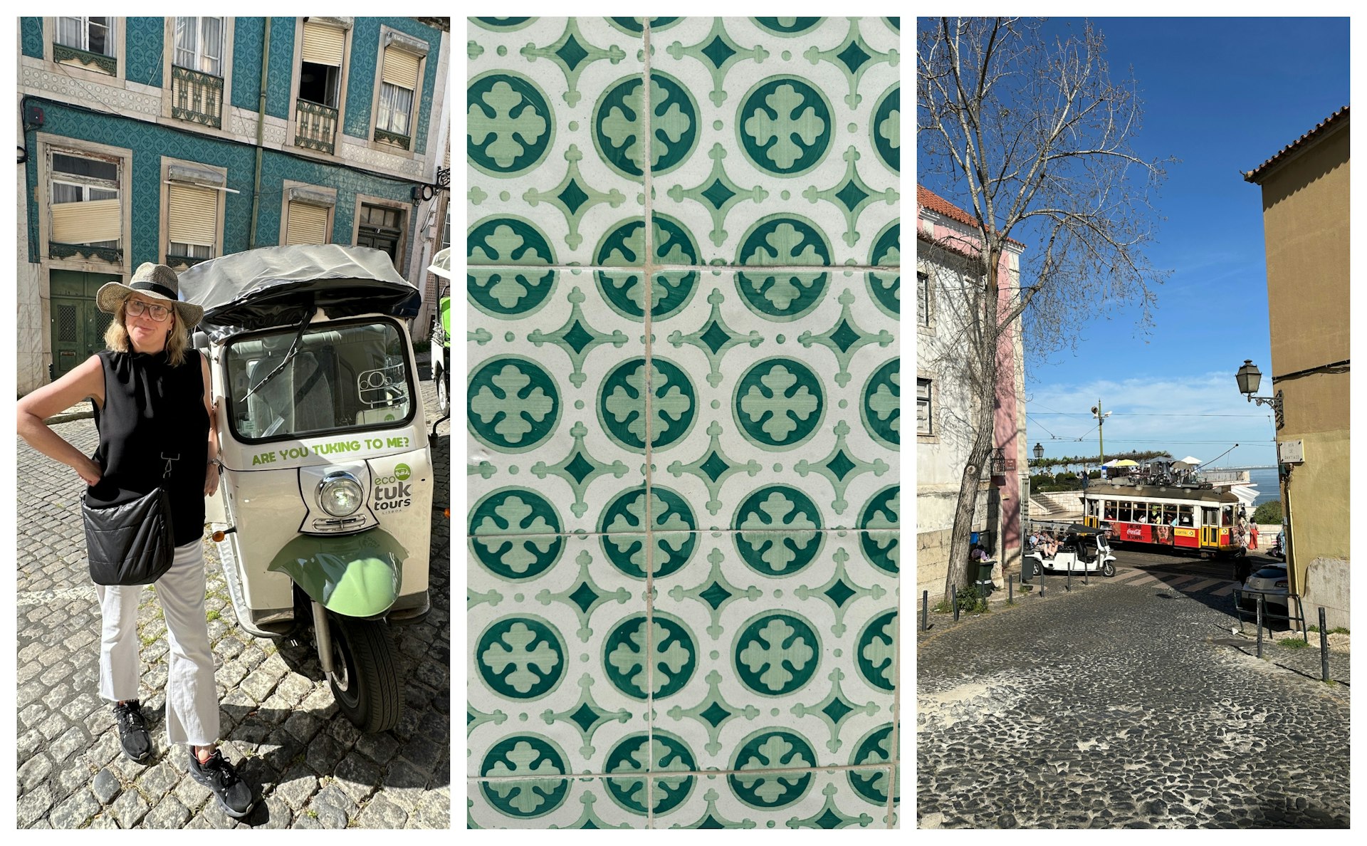 Left: a woman stands next to a tuktuk. Middle: a close-up of green tiles. Right: a red tram