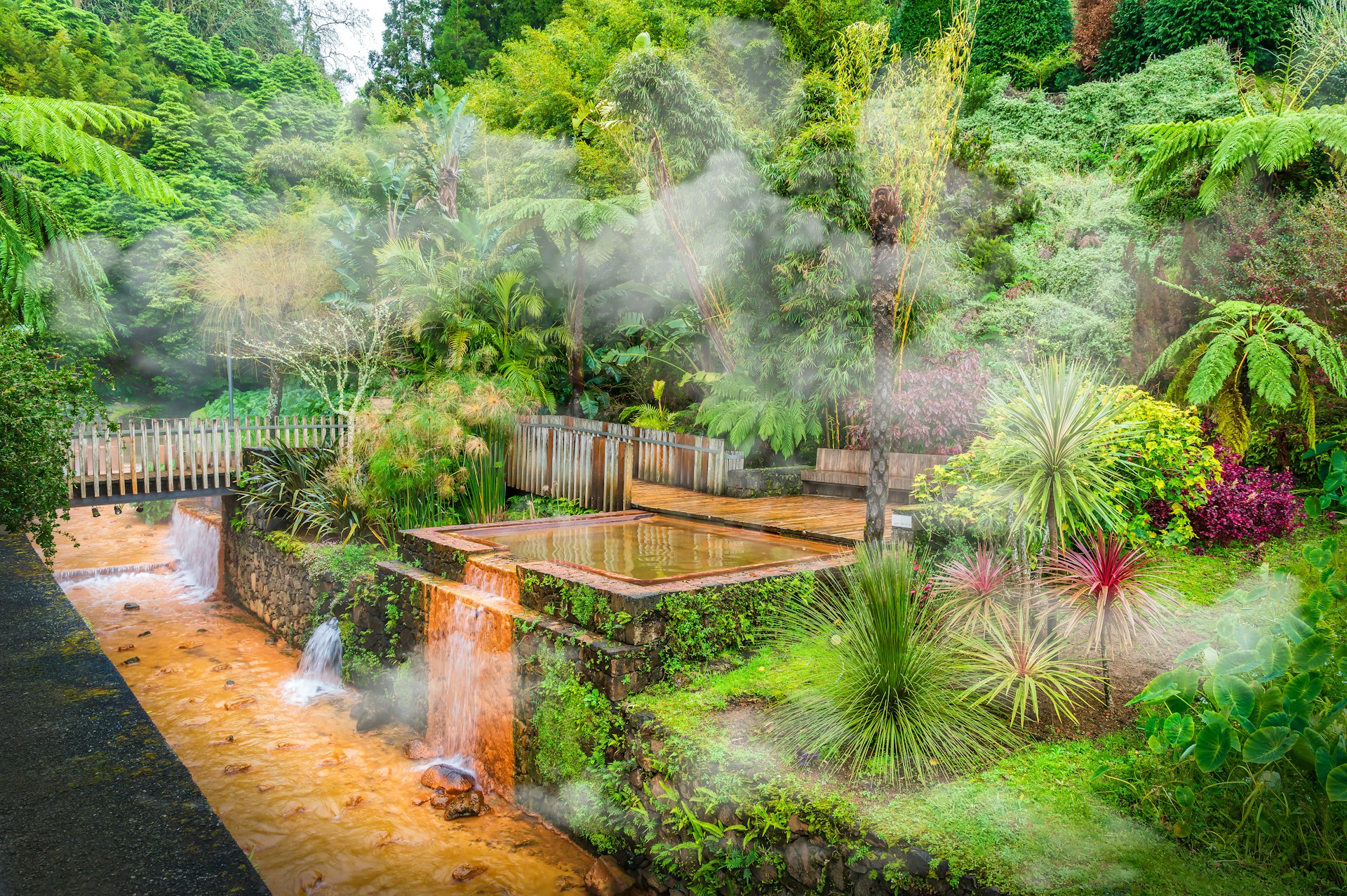 Hot spring baths set in a lush landscape with tropical plants and steam rising from the volcanically heated water.