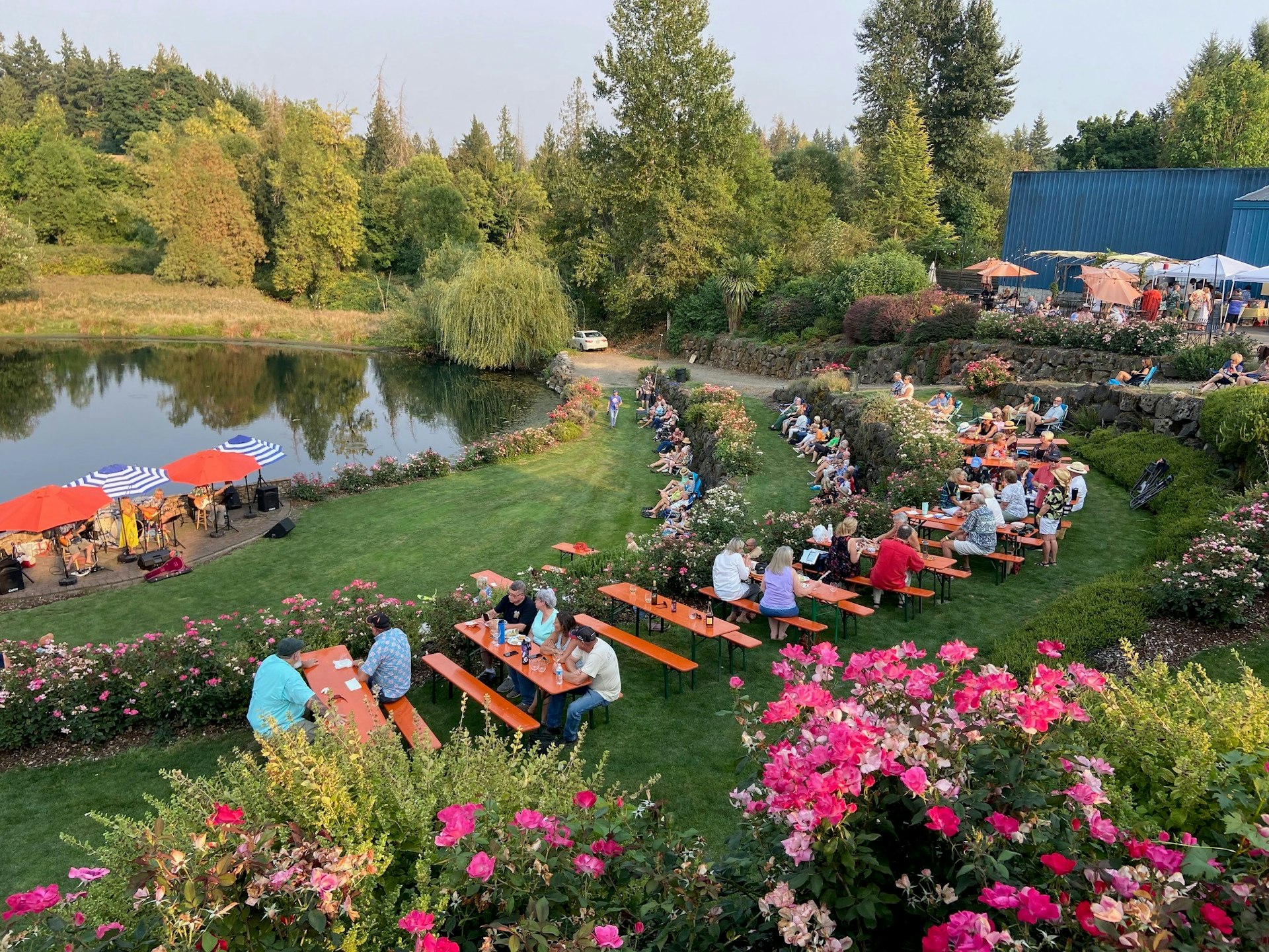 Musicians and patrons sit outdoors at St Josef’s Winery, Canby, Willamette Valley, Oregon, USA