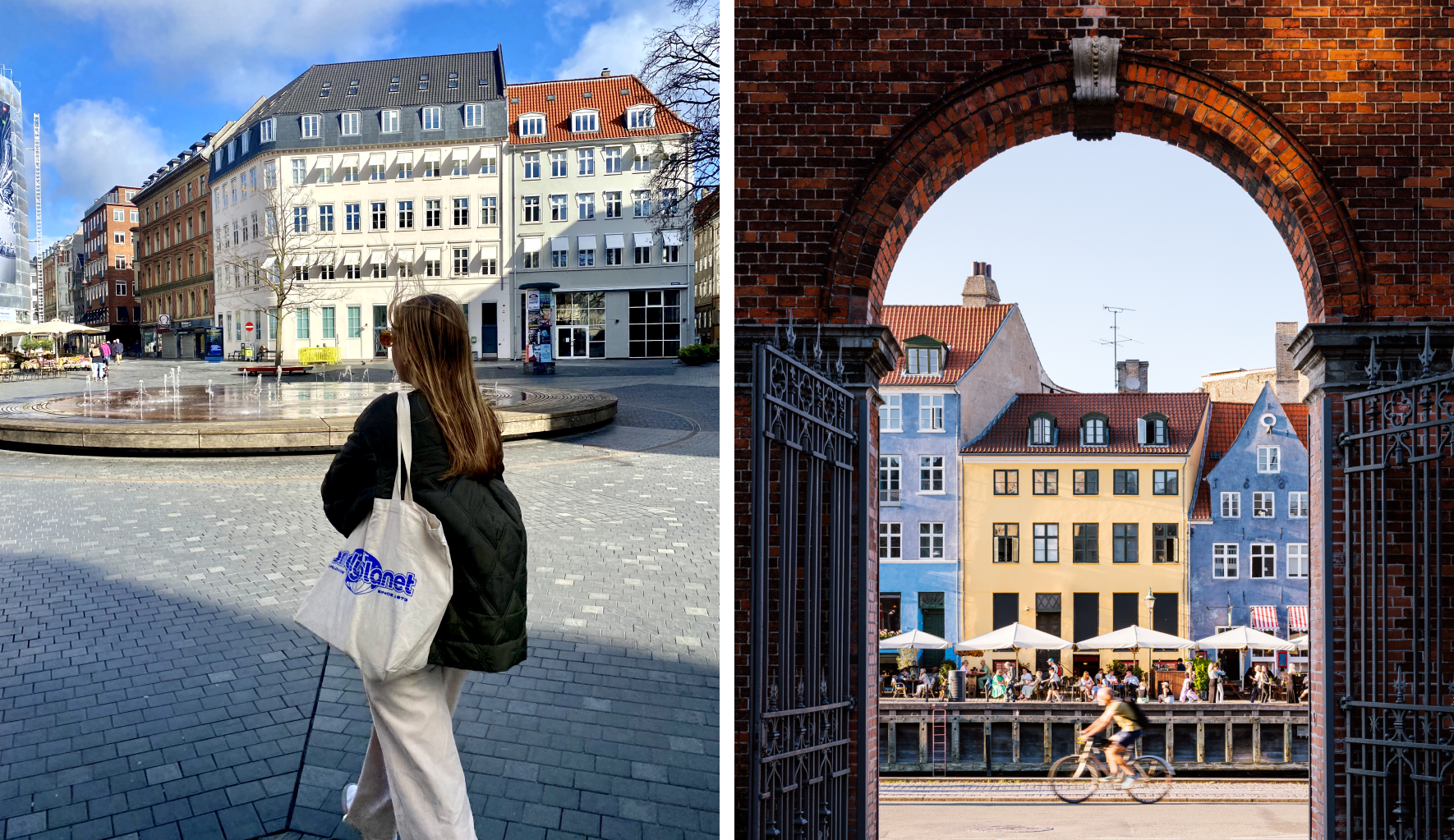 Left: Ann Douglas Lott in Copenhagen; Right: Cycling on the canal