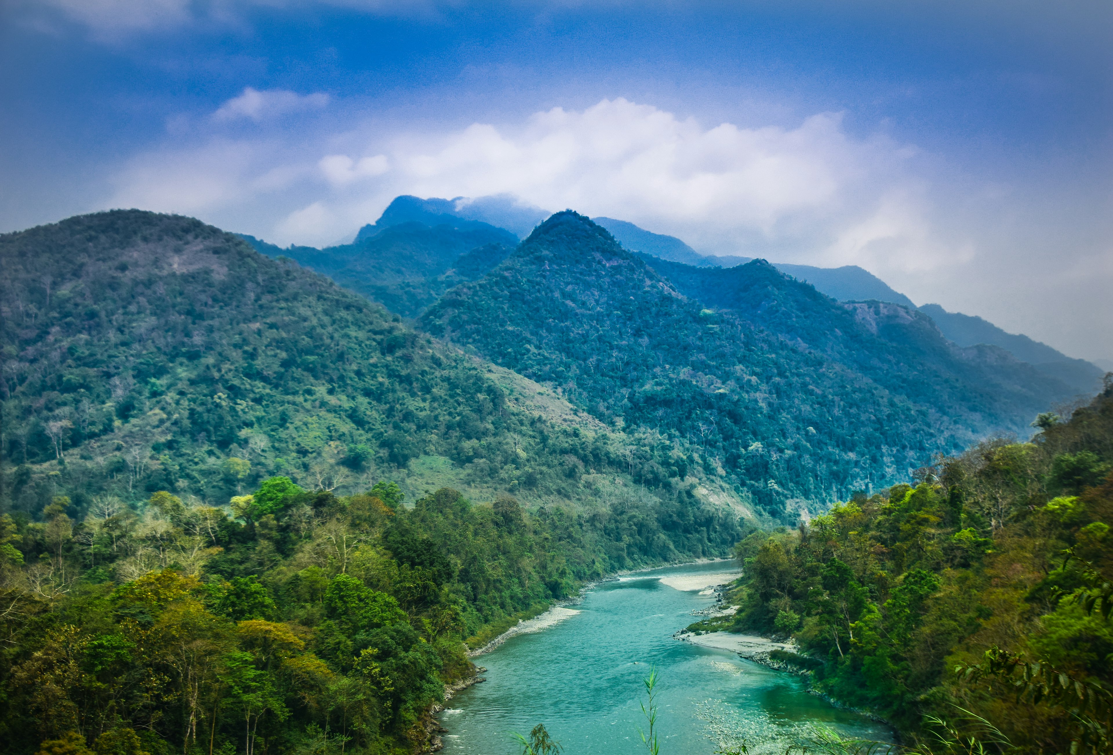 Hills and a river in Royal Manas National Park, Bhutan