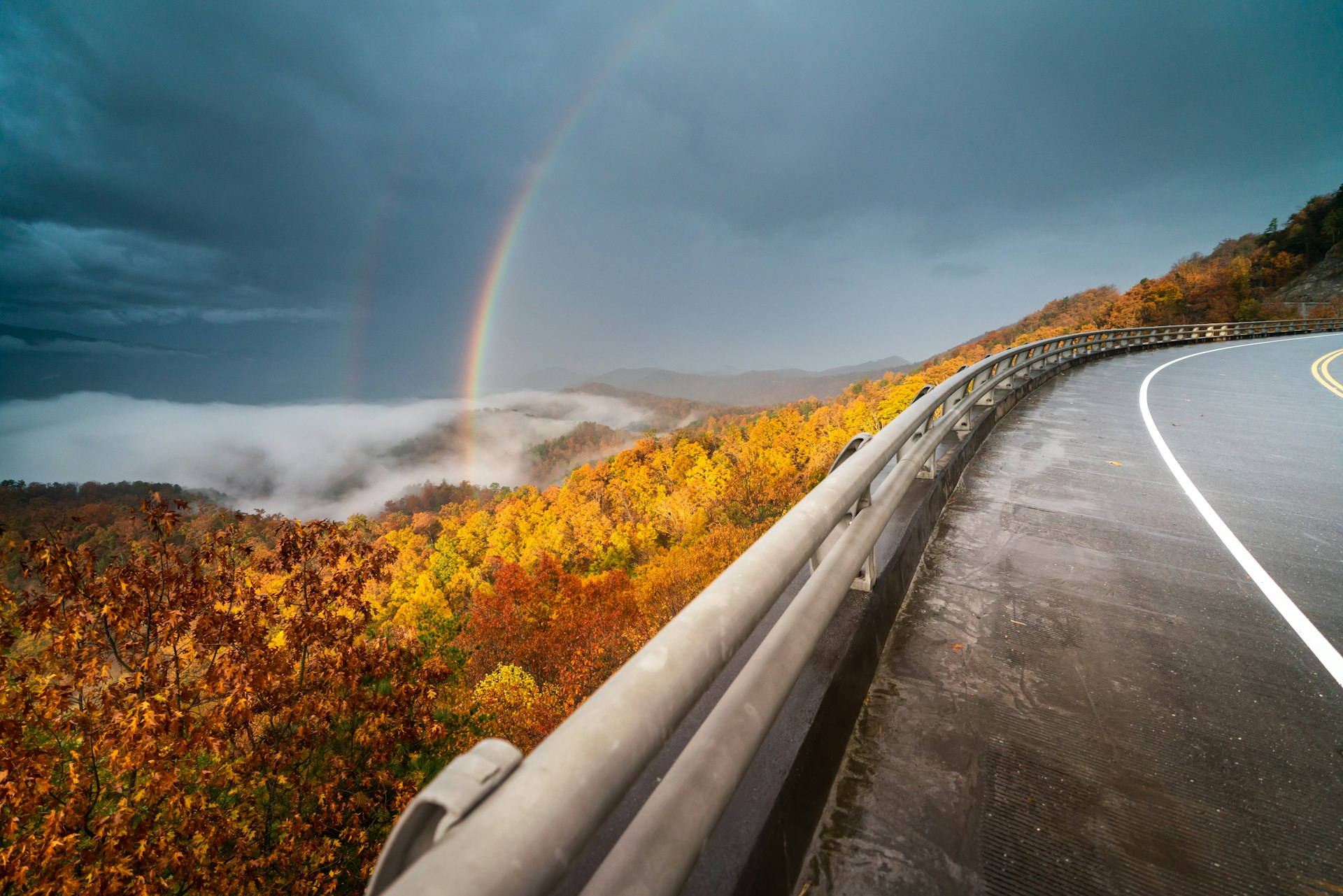 Gorgeous rainbow on an autumn day along the Foothills Parkway in Wears Valley in the Great Smoky Mountains National Park, USA