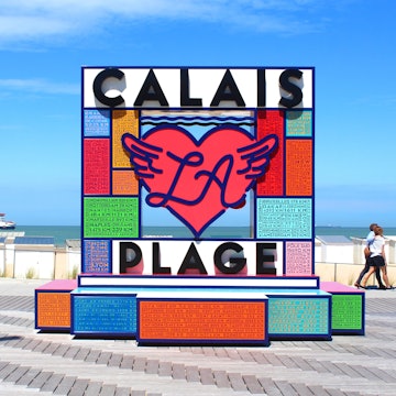 Calais, France - August 2, 2022: "Calais La Plage" totem located on the embankment of the beach of Calais, in the north of France; Shutterstock ID 2279816107; GL: 65050; netsuite: Online ed; full: Calais first time guide; name: Claire N
2279816107