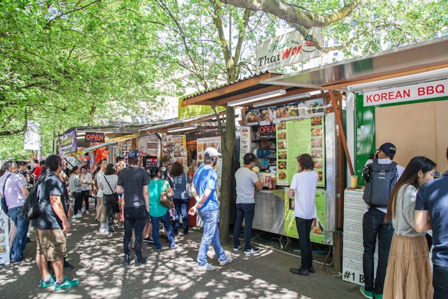 Crowds line up for food carts in Downtown Portland.