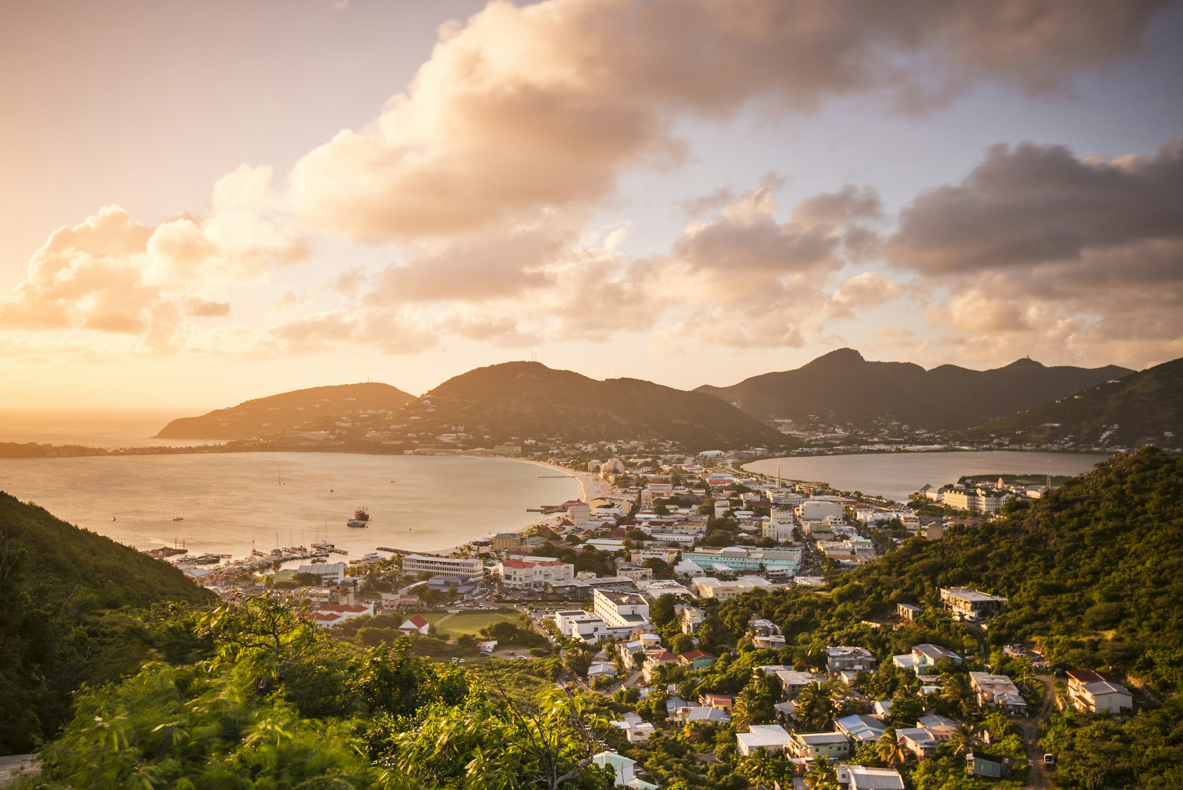 Philipsburg, Sint Maarten, Dutch Antilles cityscape at the Great Salt Pond.