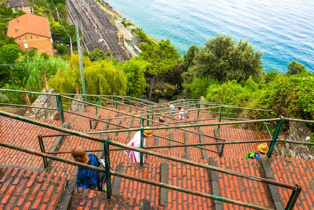 The Lardarina, long brick flight of steps, flights with steps from the station to Corniglia village, one of five lands of the amazing Cinque Terre, Italy