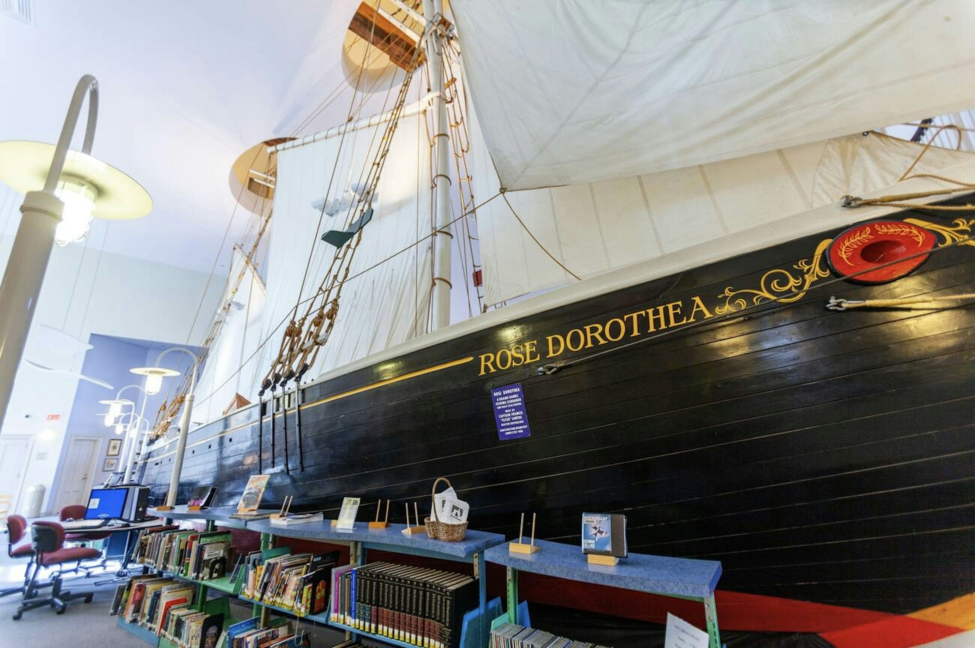 A replica the Rose Dorothea schooner inside the Provincetown Library, Provincetown, Massachusetts, USA