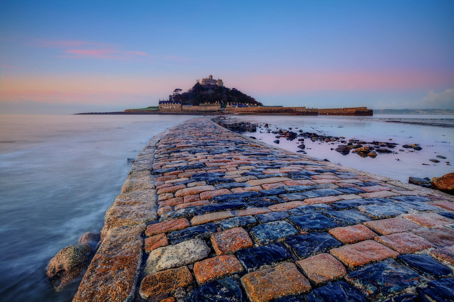 Mont St Michael causeway at low tide, Normany, France