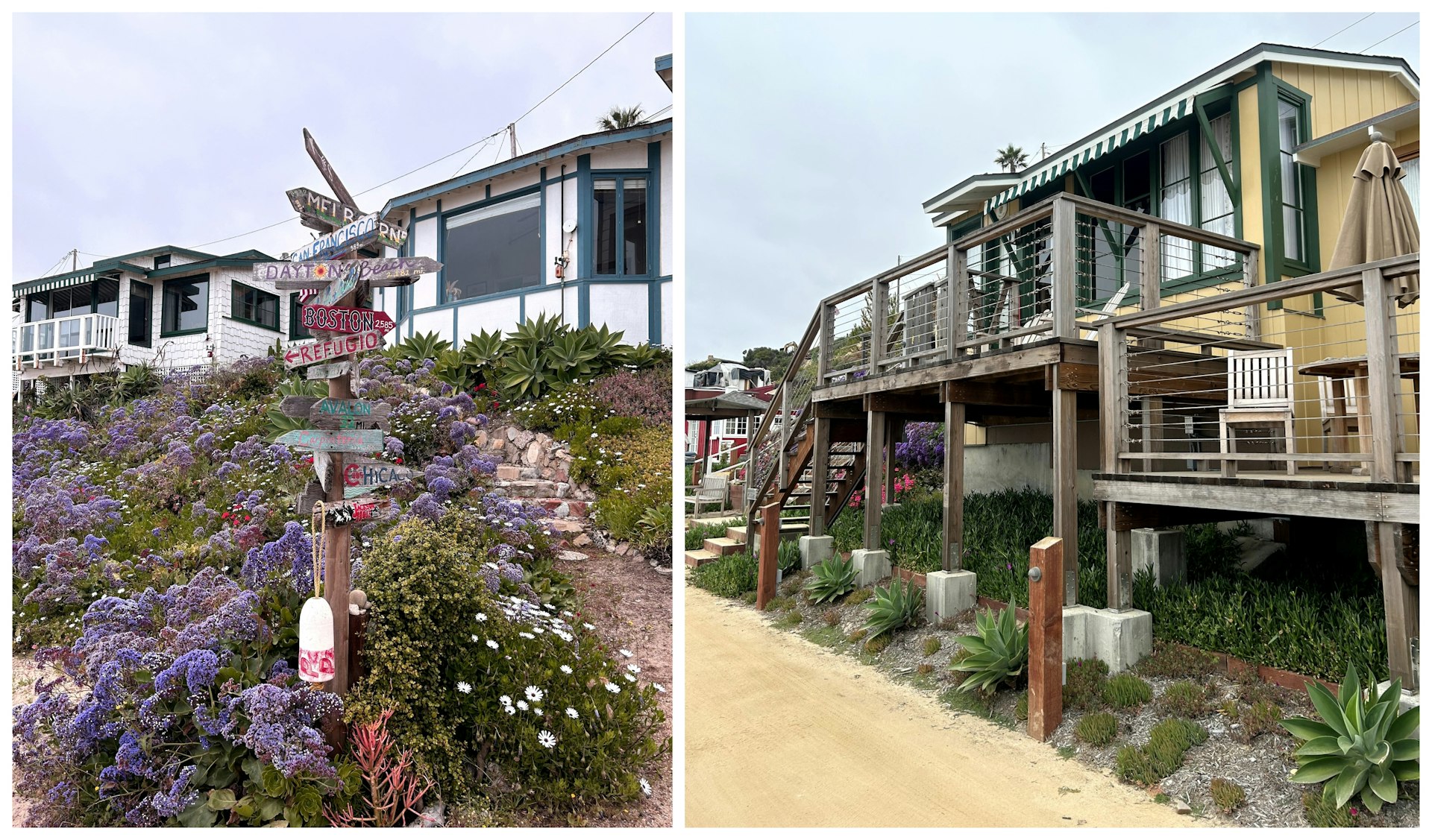 Restored beach cottages on a hillock and on stilts