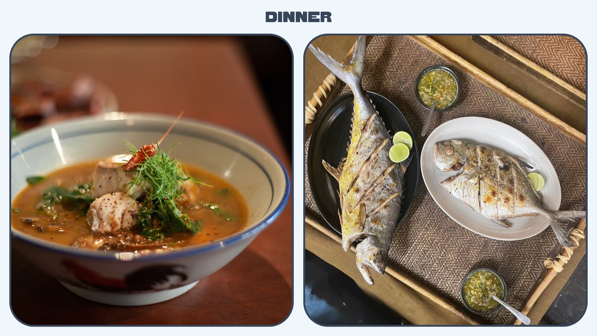 Images of dinner dishes, curry and grilled fish, from restaurants in Chiang Mai