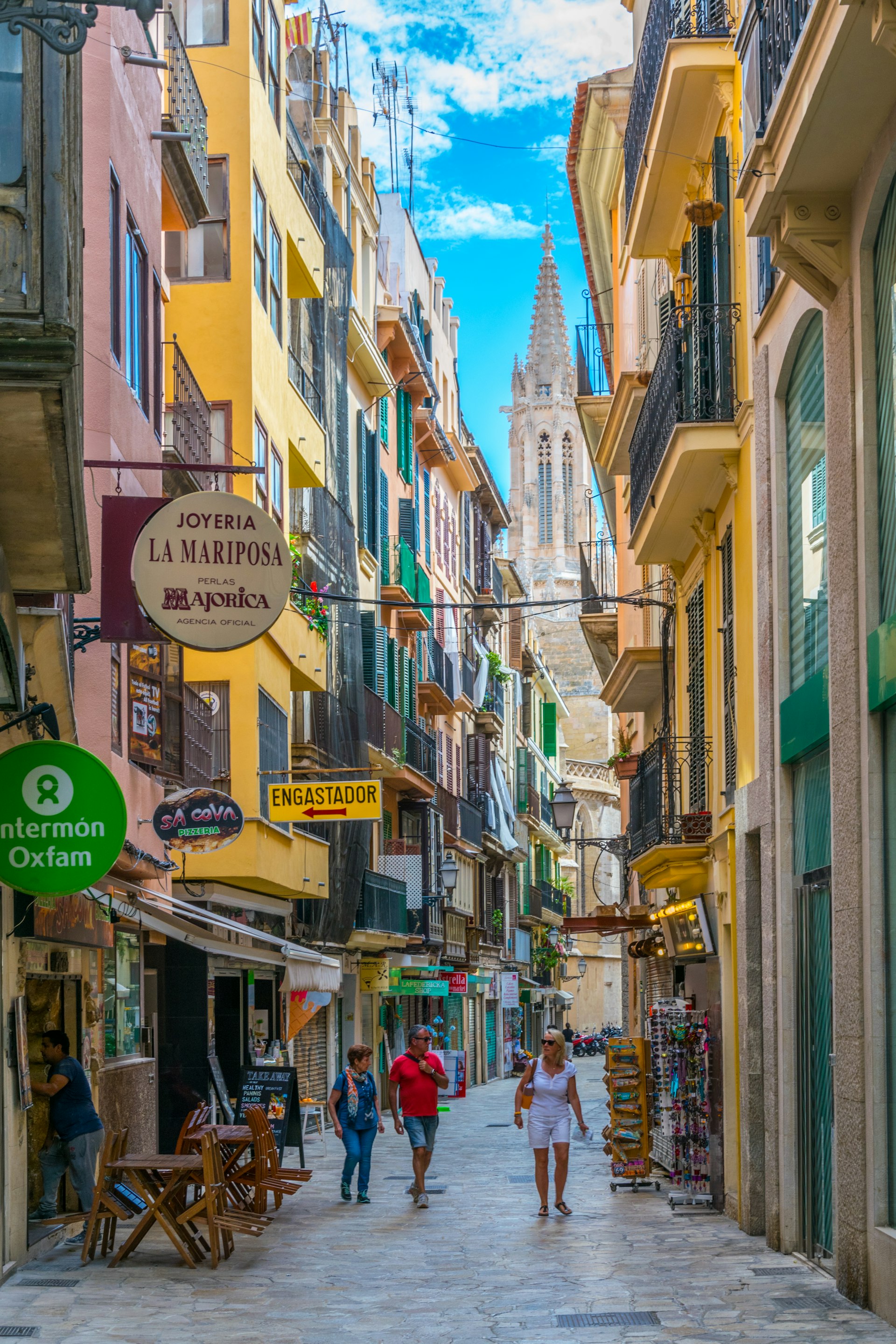View of a narrow street in the historical center of Palma de Mallorca, Spain