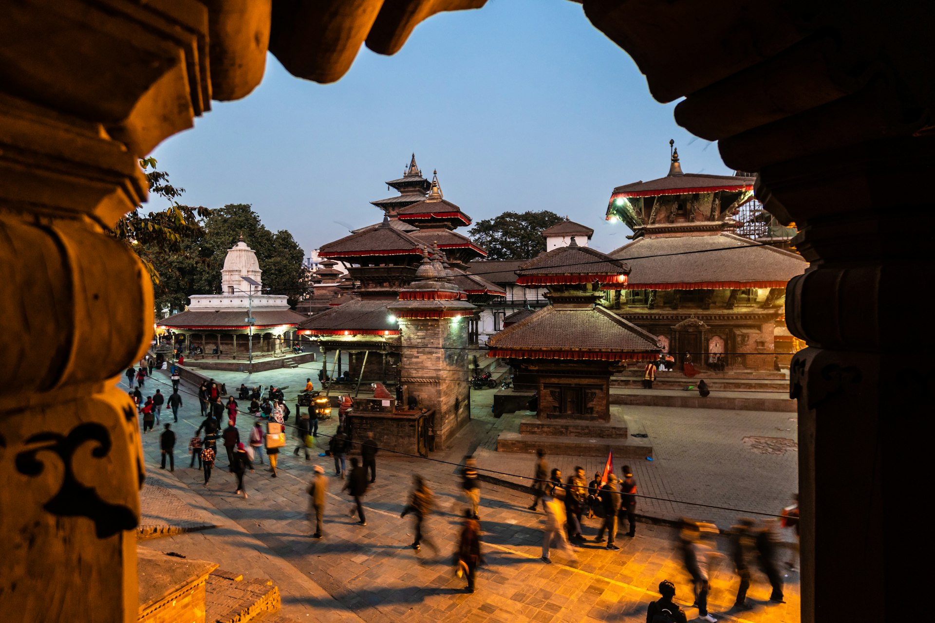People move through Durbar Square in Kathmandu, Nepal