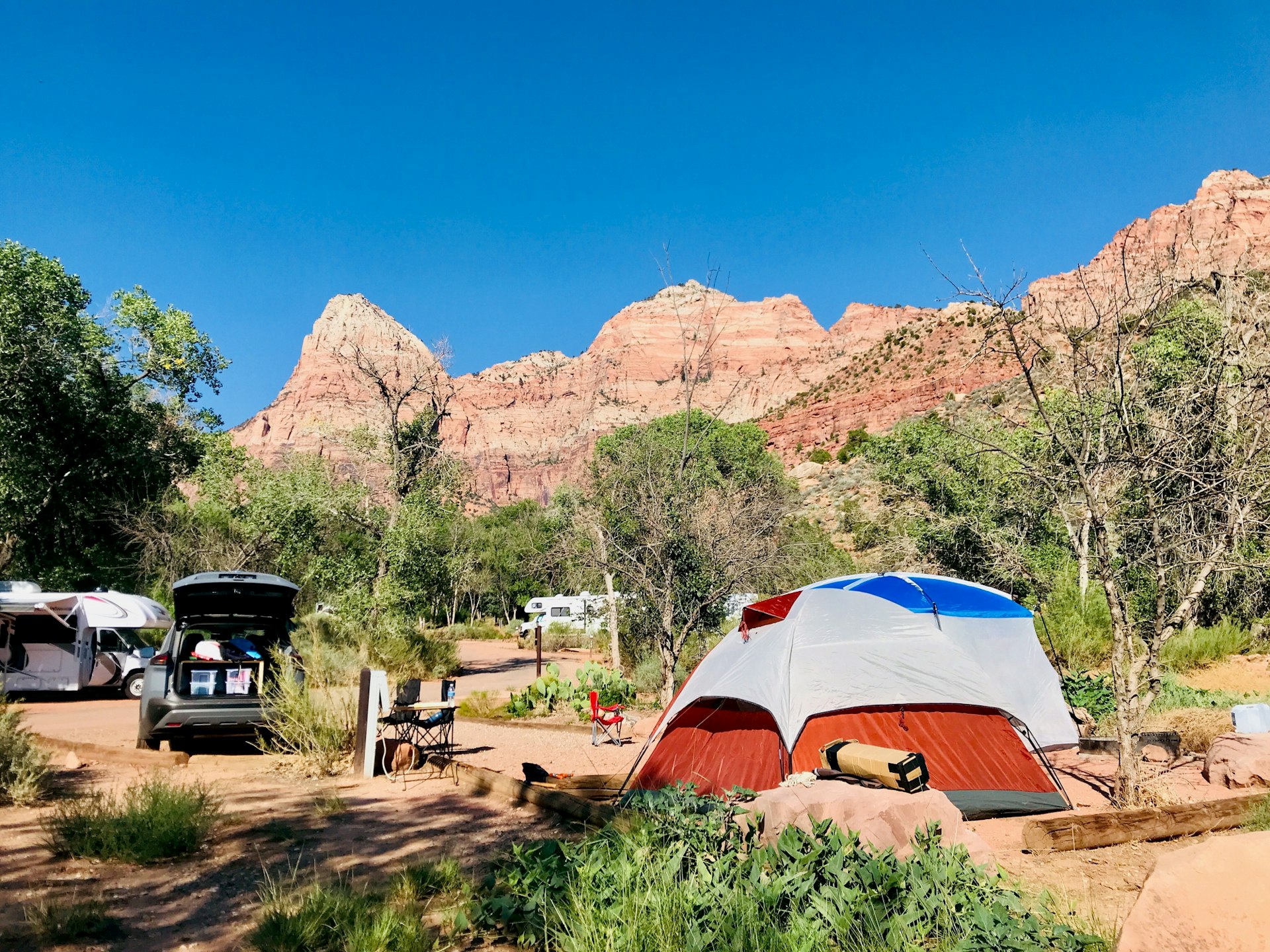 Tents and RVs camping in a national park