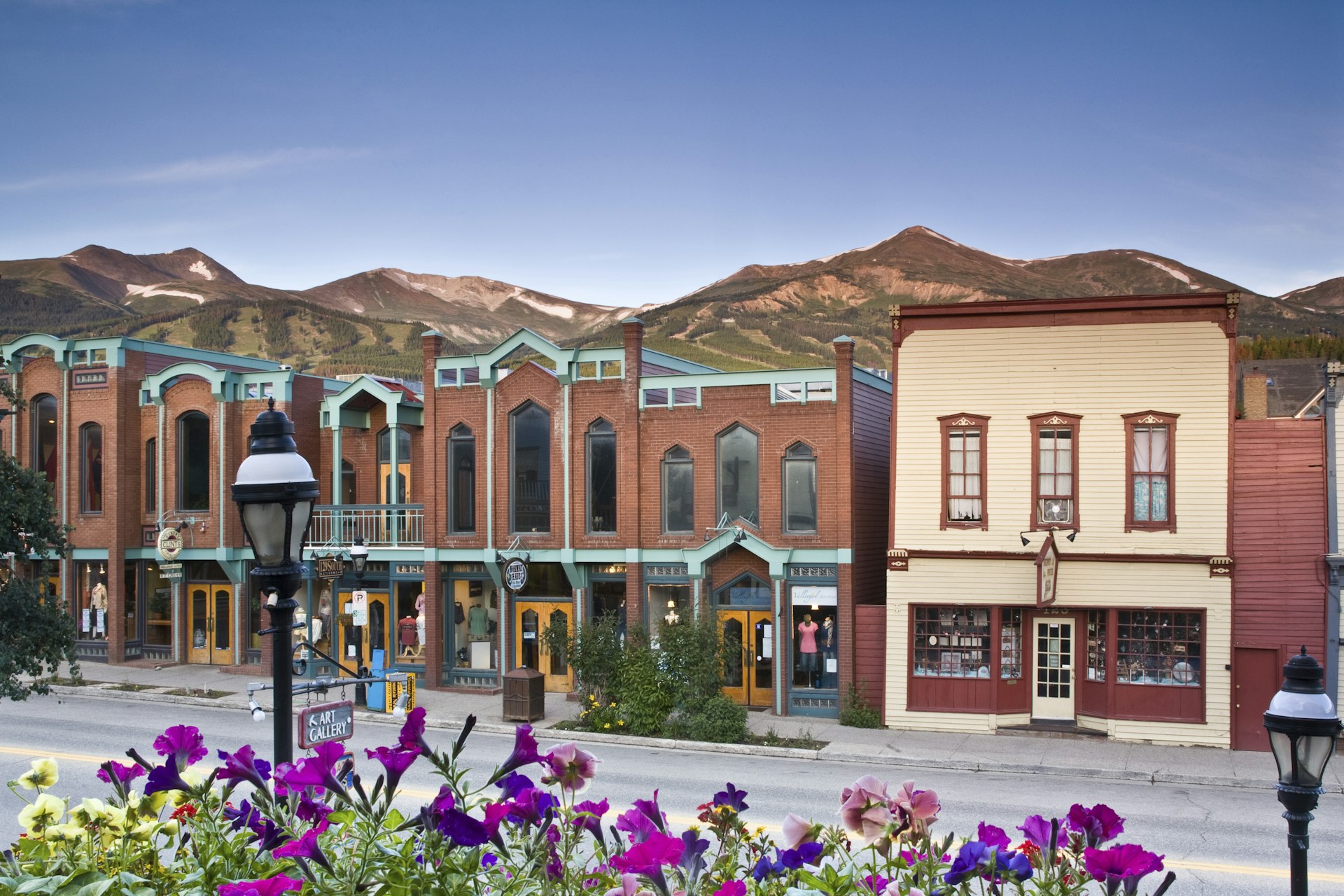 The brick buildings of Main Street, Breckenridge, with wildflowers in the foreground and mountains in the background