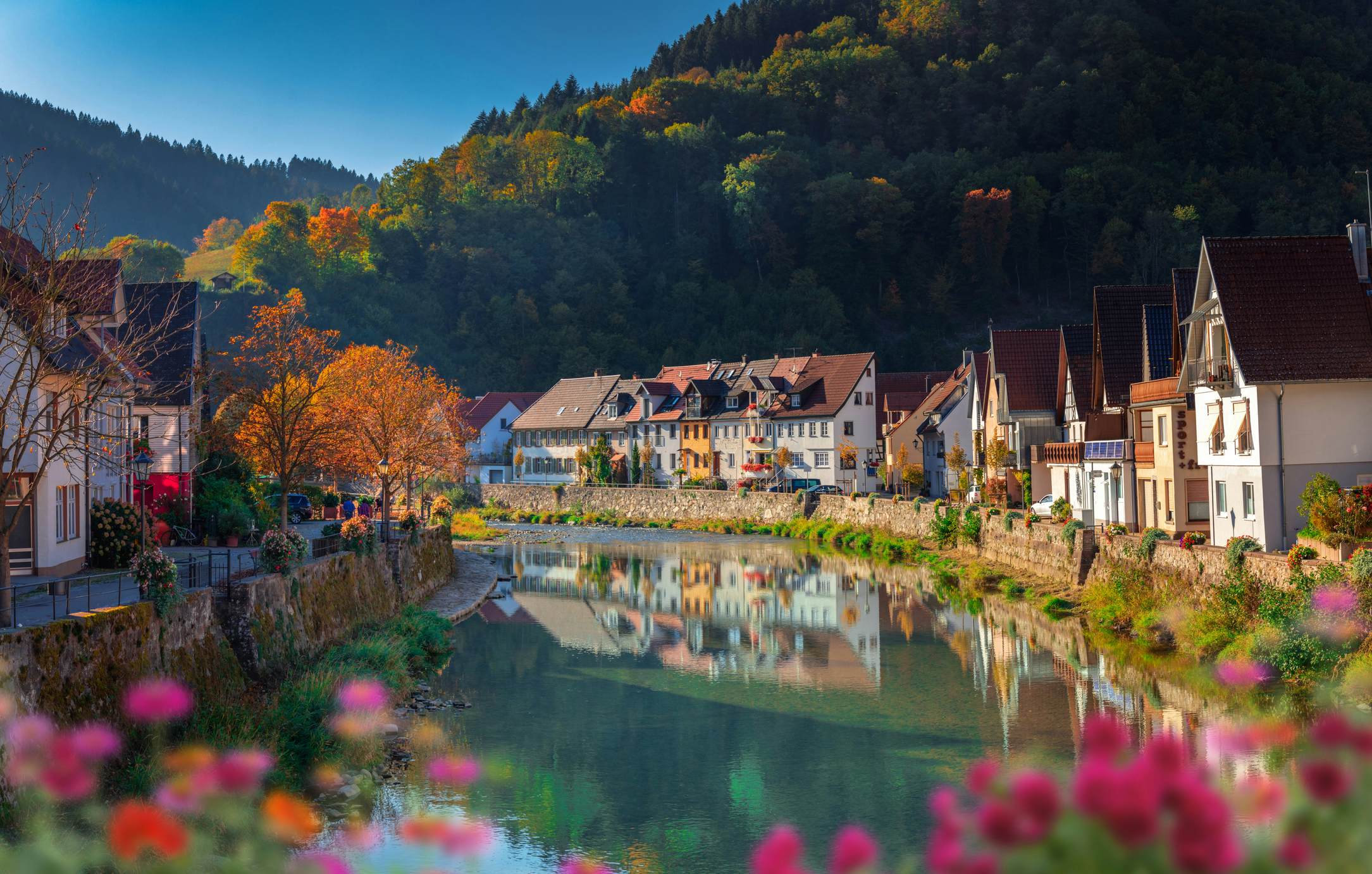 Riverside scenery in the Black Forest town of Baden-Wurttemberg, Germany.