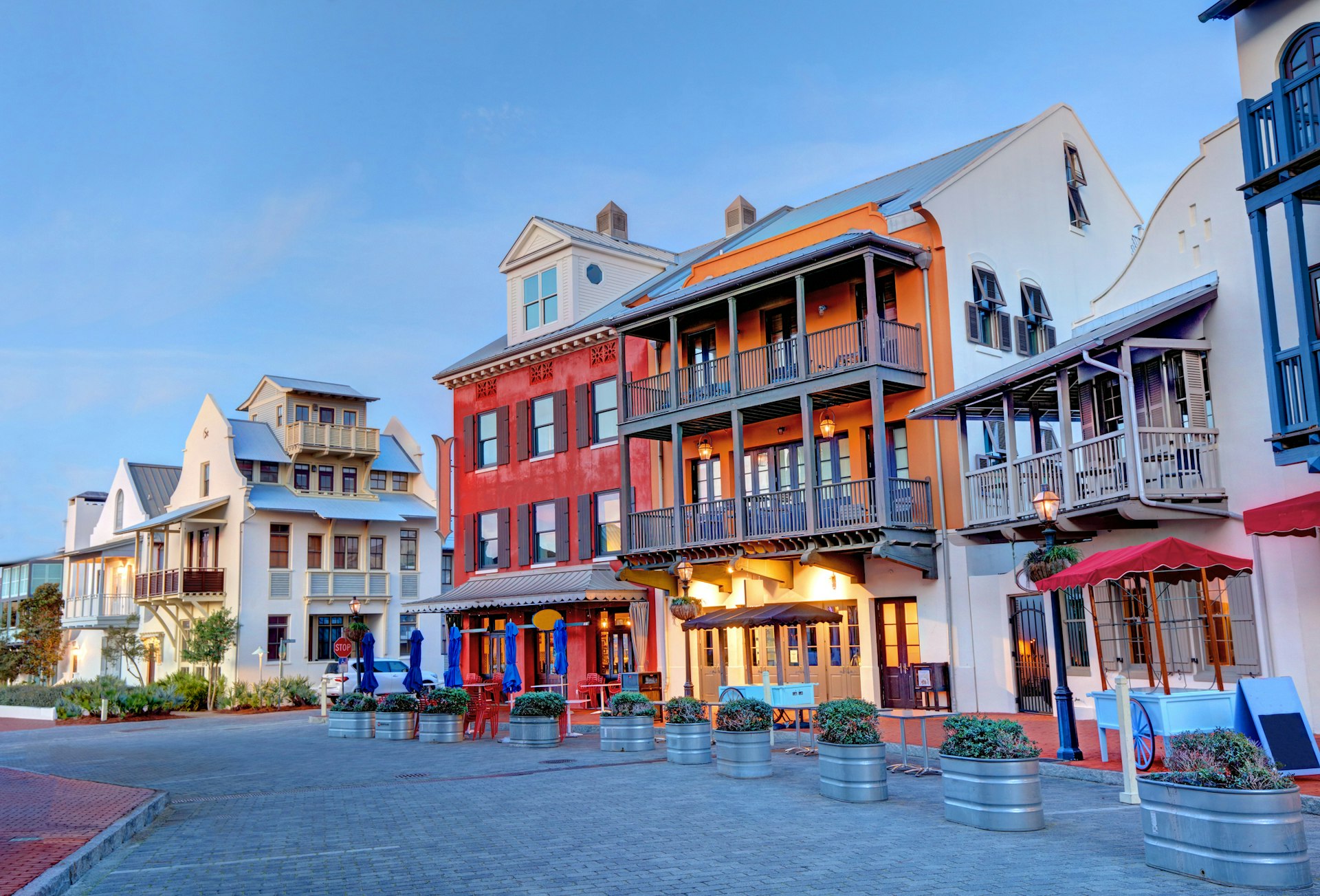 Colorful streetscape view of Rosemary Beach, FL