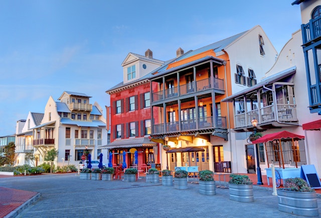 Colorful streetscape view of Rosemary Beach, FL