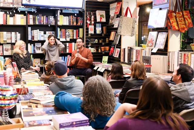 Authors speak during a reading inside the bookstore Book Soup, West Hollywood, California, USA