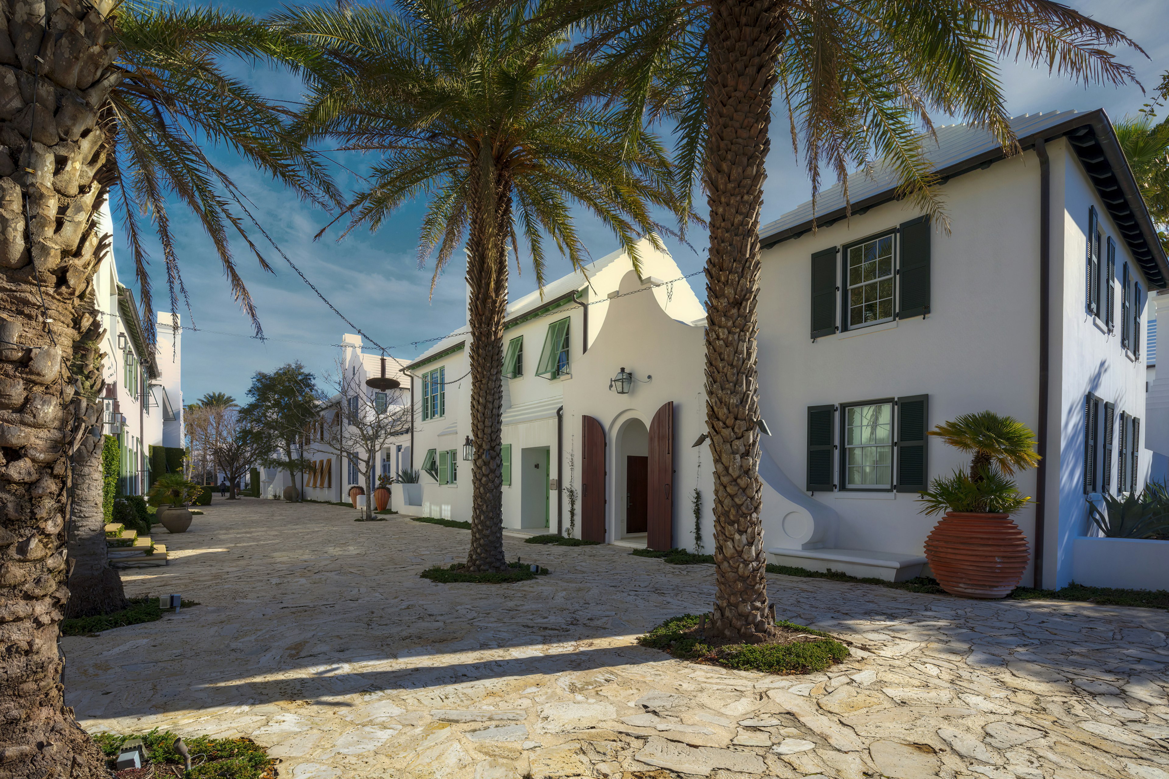 Picturesque street scene in Alys Beach on the Emerald Coast in Florida
