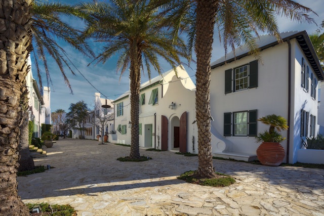 Picturesque street scene in Alys Beach on the Emerald Coast in Florida