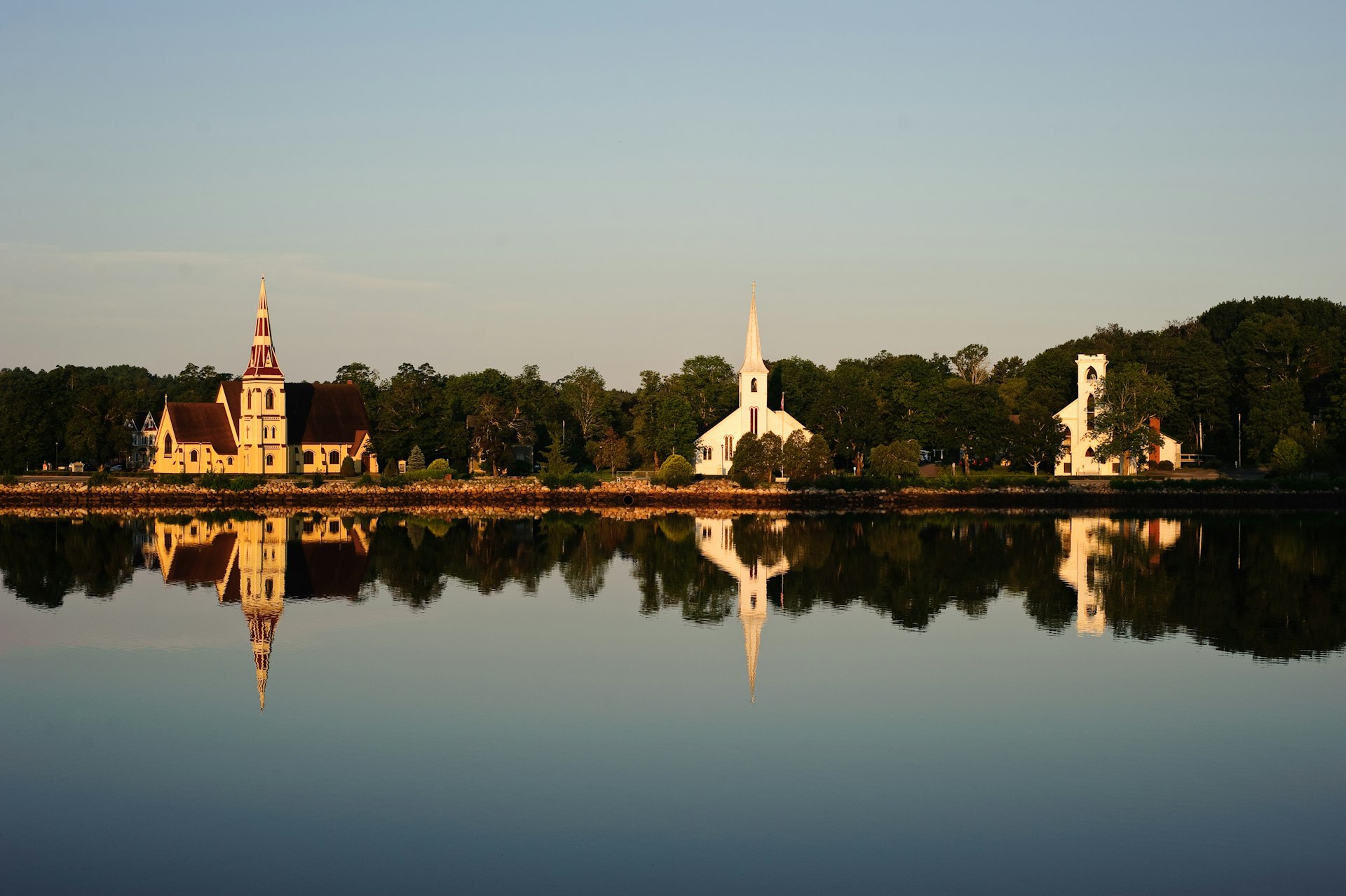 The famous three churches and their reflections in the water, Mahone Bay, Nova Scotia, Canada