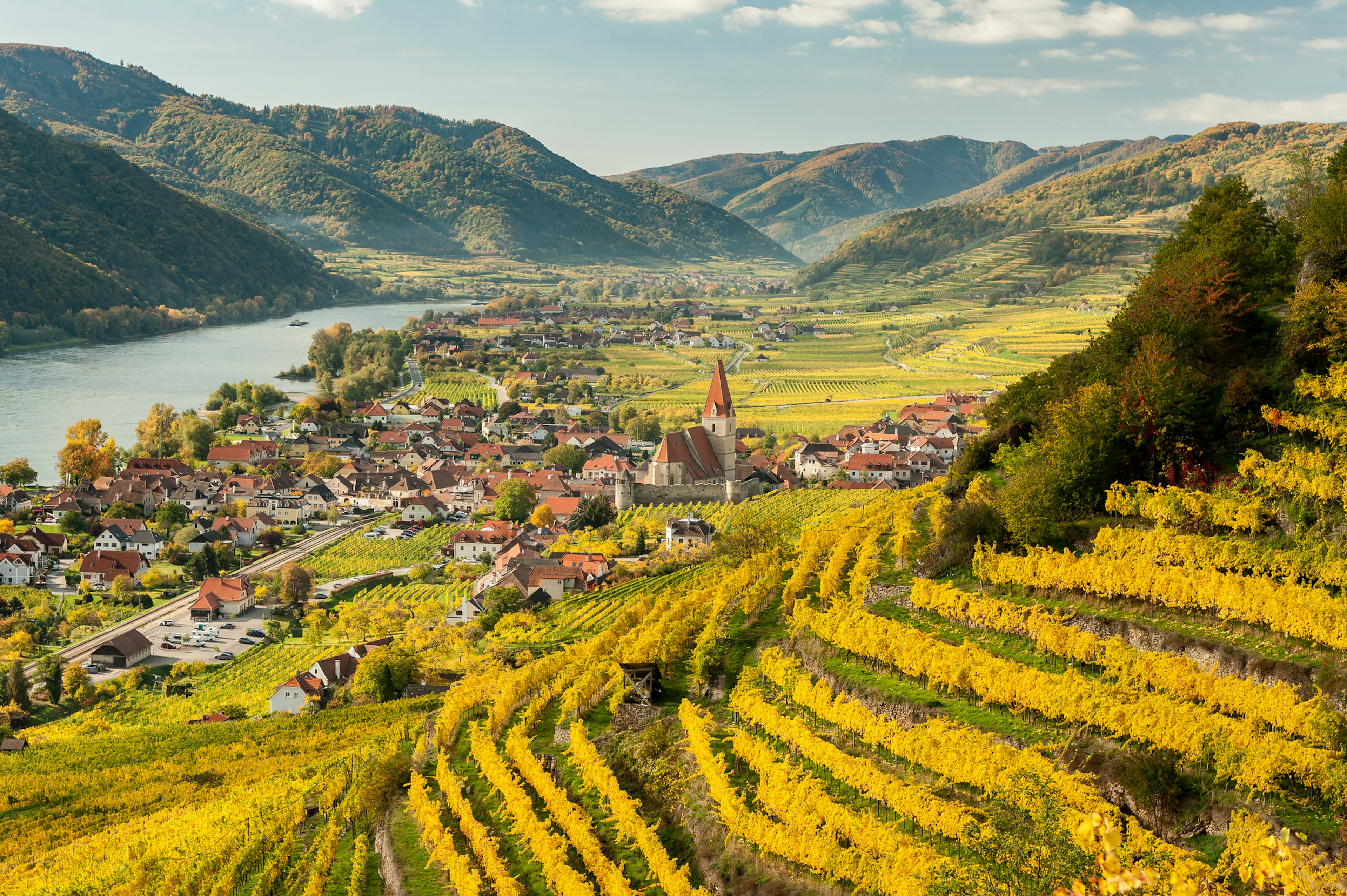 A small riverside village with autumn colored leaves on the surrounding vineyards