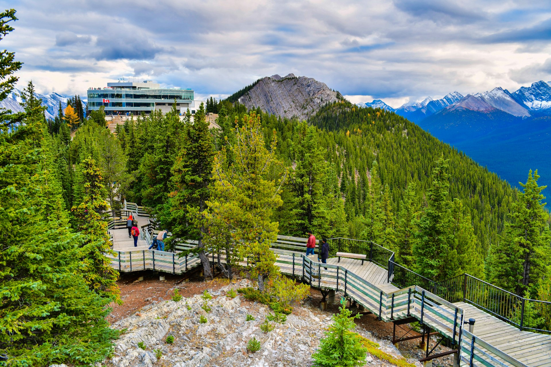 Several people are walking on a boardwalk that runs between evergreen trees; the path links Sulphur Mountain to the Banff upper gondola station
