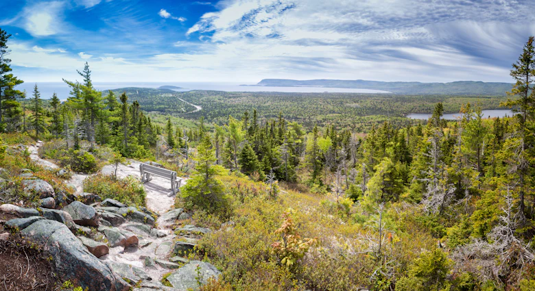 Panorama of Broad Cove Mountain in Cape Breton National Park.
1019638592
Sky, Blue, Hill, Tree, Cape Breton Island, Landscape - Scenery, broad cove mountain, Forest, Canada, Travel, Nature, Hiking, Cape Breton Highlands National Park, Tourism, Panoramic, Mountain, Horizontal, Cloudscape, Outdoors, Park Bench, No People, Scenics - Nature, Bench, Photography, Cloud - Sky, Nova Scotia, Green Color