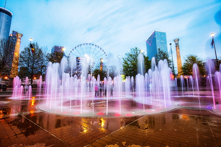April 5, 2014: The colourfully lit fountain at Centennial Olympic Park with a Ferris wheel in the background.
486068945
Outdoors, Nightlife, No People, Atlanta - Georgia, City, Ferris Wheel, Centennial Park, Park, Illuminated, Georgia - US State, Public Park, Water, Famous Place, Travel, Amusement Park, Scenics - Nature, Photography, USA, Illumination, Georgia, Travel Destinations, Horizontal, Fountain, Multi Colored, Business Travel, Building Exterior, Downtown District, City Life, Centennial Park - Atlanta
