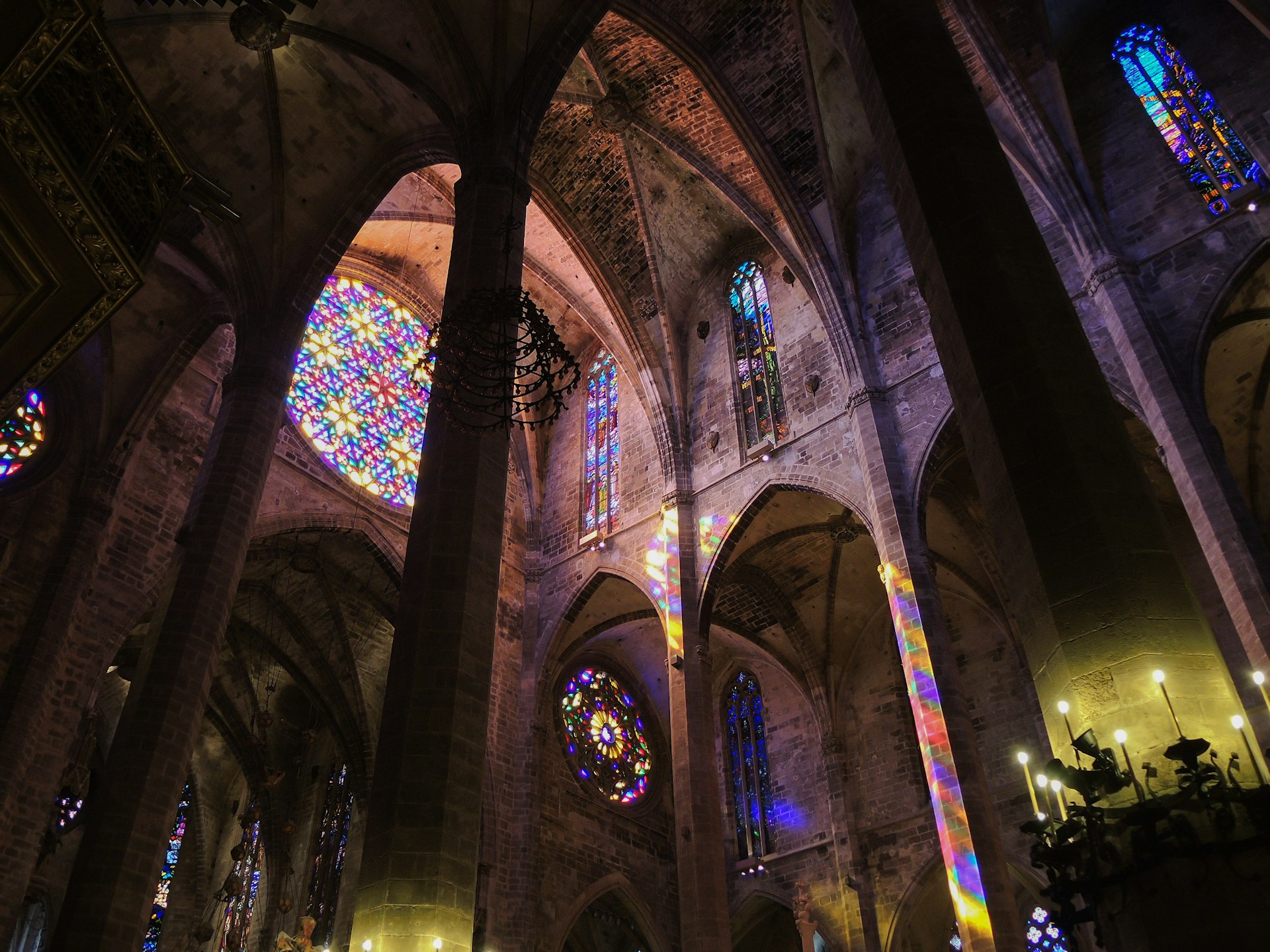 The rose window seen from the interior of Palma de Mallorca's Gothic cathedral