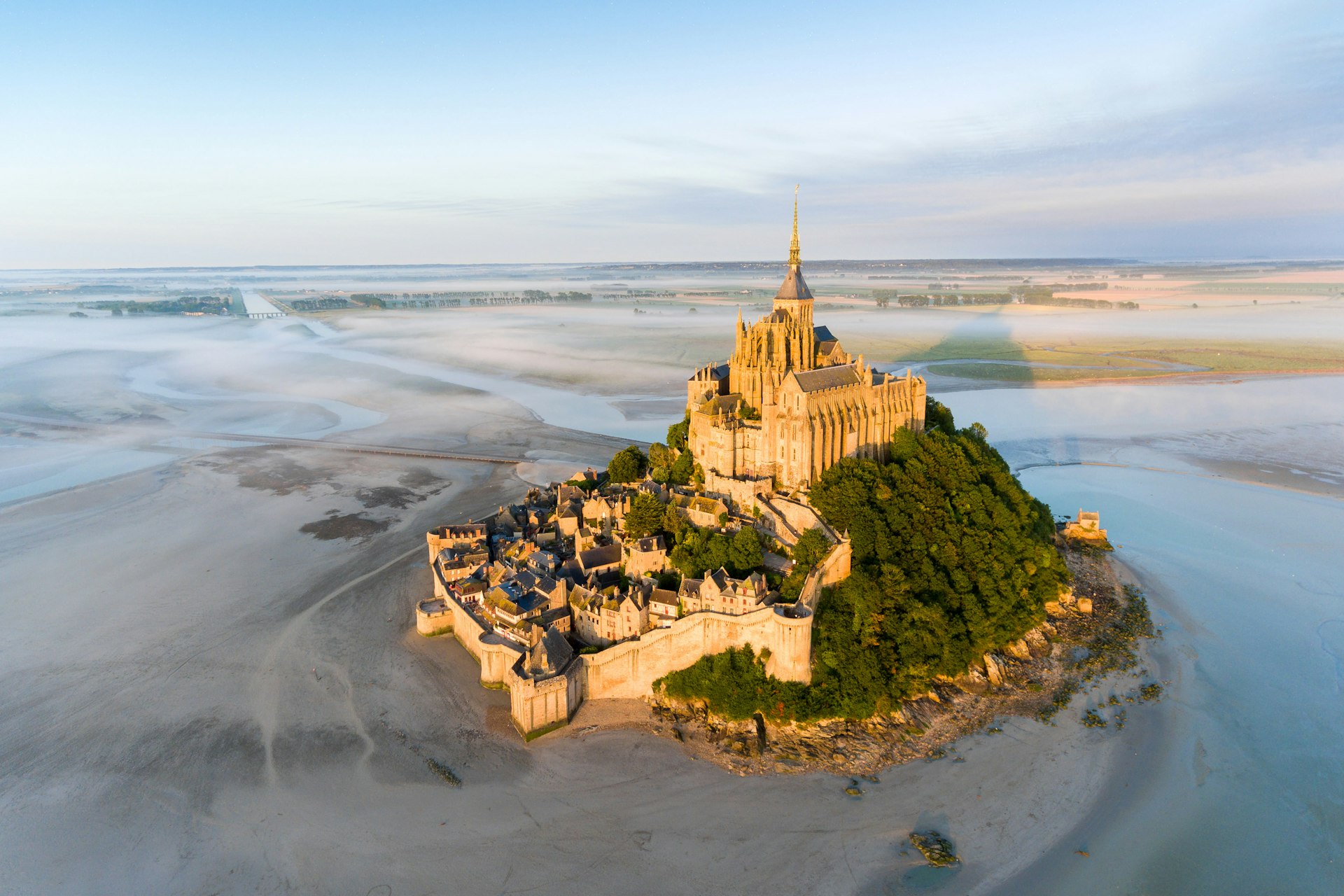 An overhead view of Mont-St-Michel monastery 