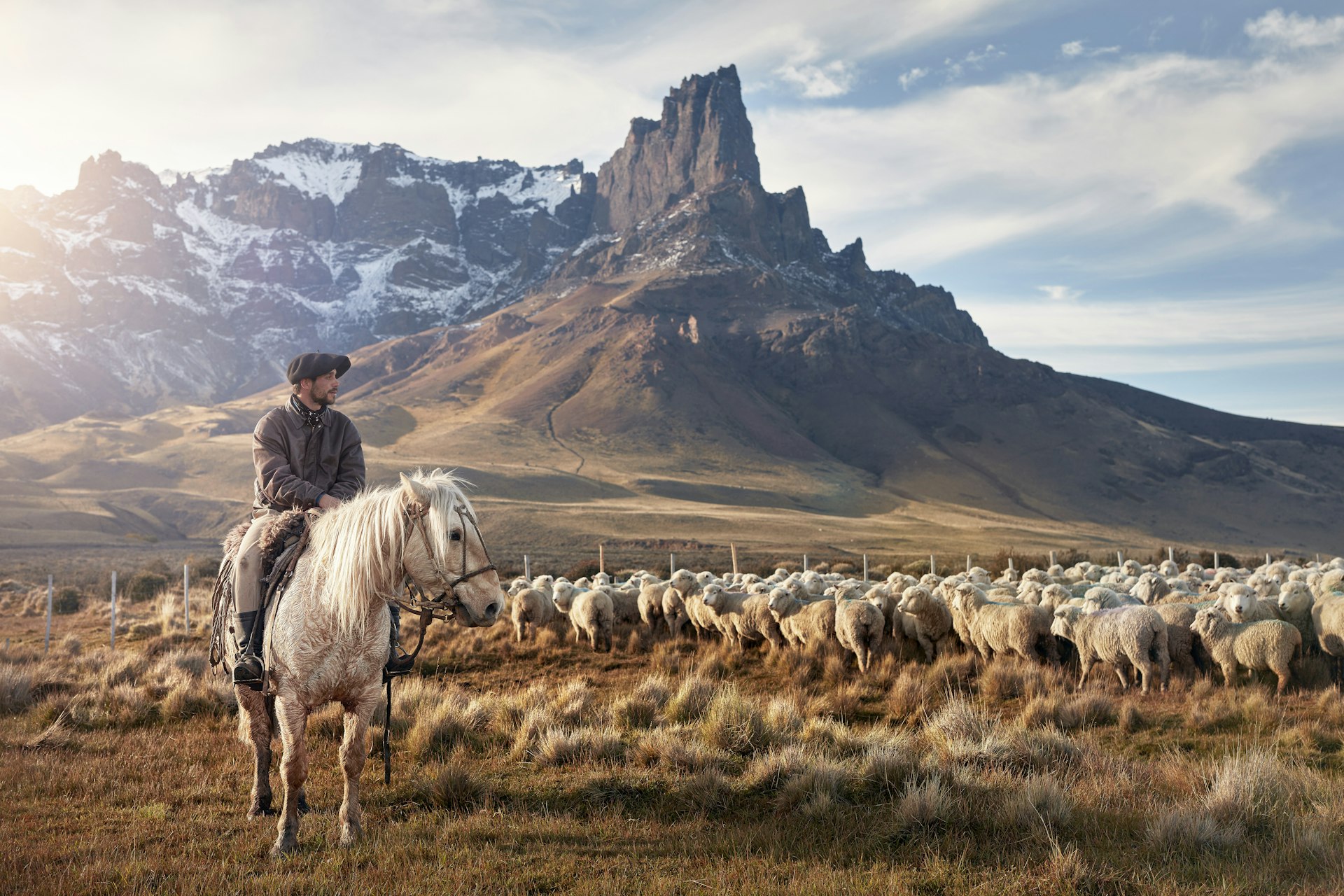 A gaucho/cowboy sits on a horse gazing out at a flock of sheep on plains at the foot of jagged mountains