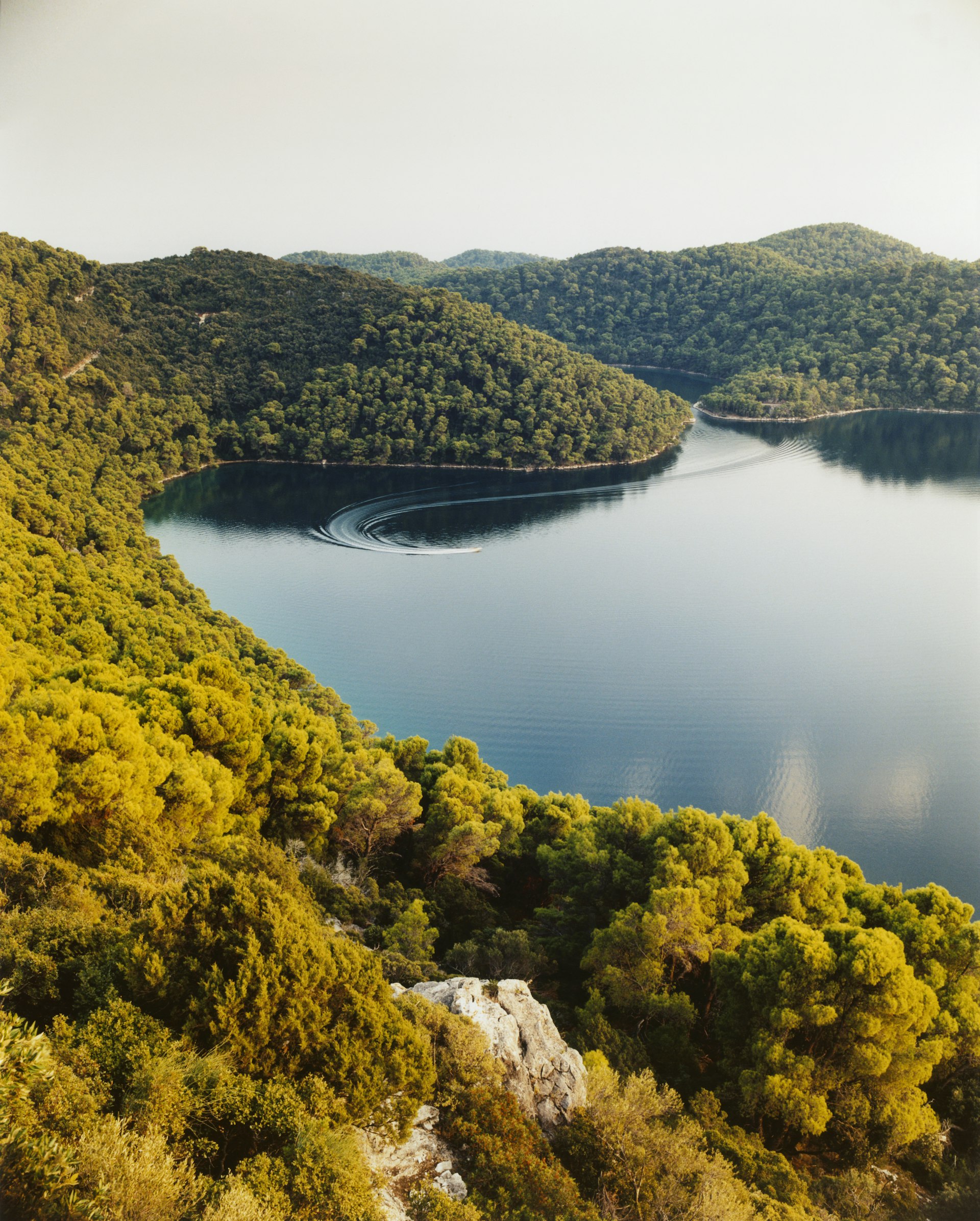 The light shines over the trees and water of Veliko Lake in Mljet. 