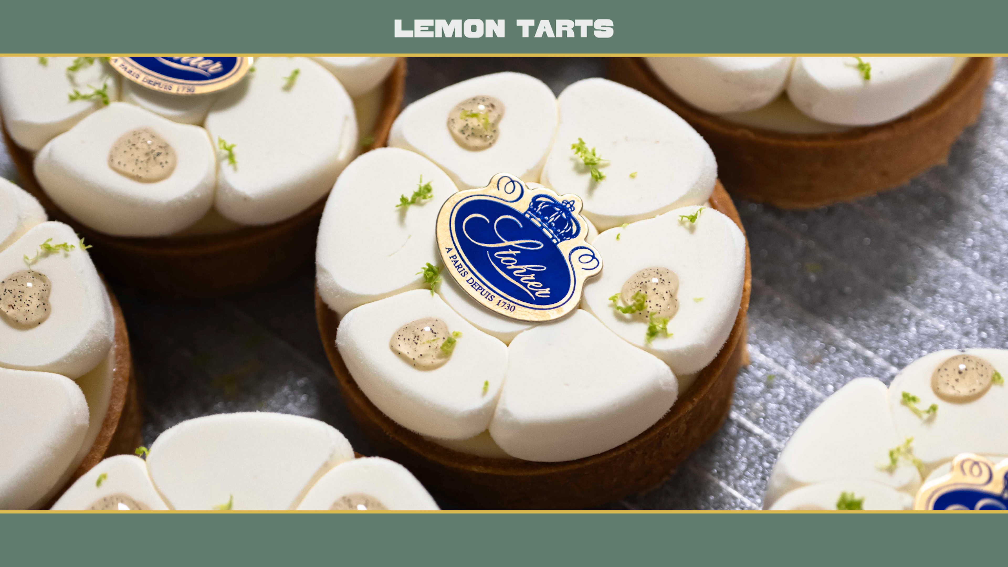 Up-close shot of lemon tarts with icing shaped like flower petals