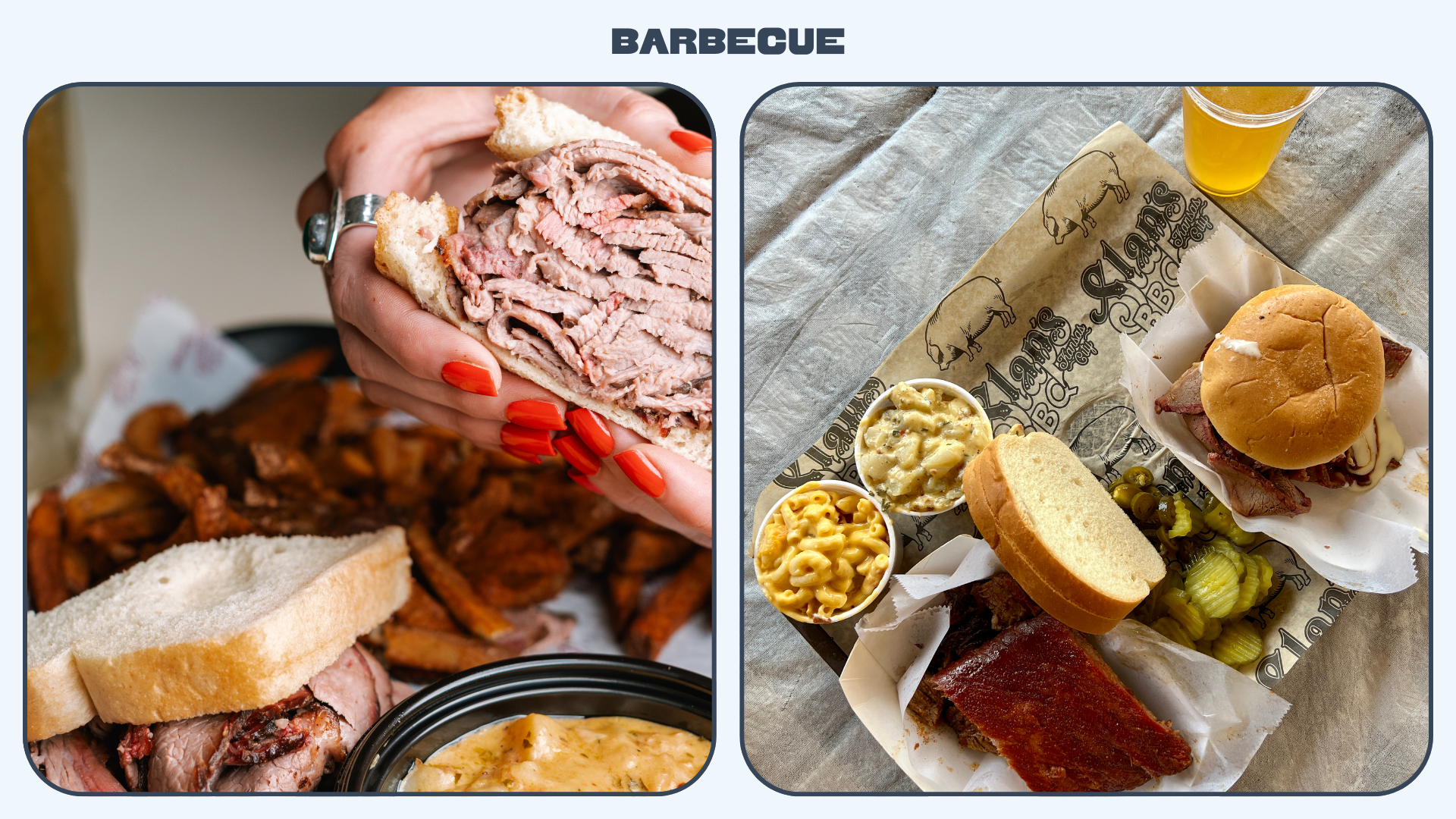 Kansas City BBQ with mac and cheese, meat sandwiches and drinks