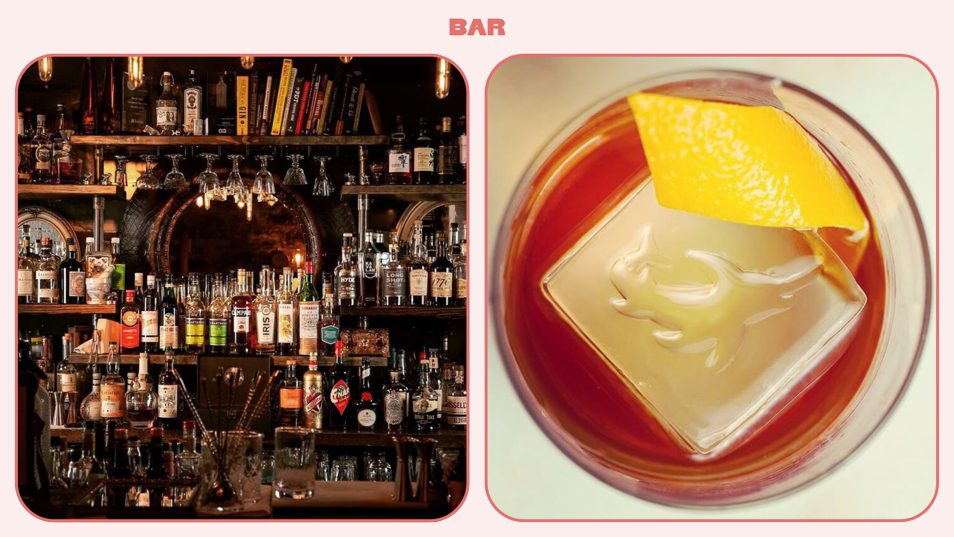 Fully-stocked bar in Kansas City and a close-up shot of a negroni cocktail