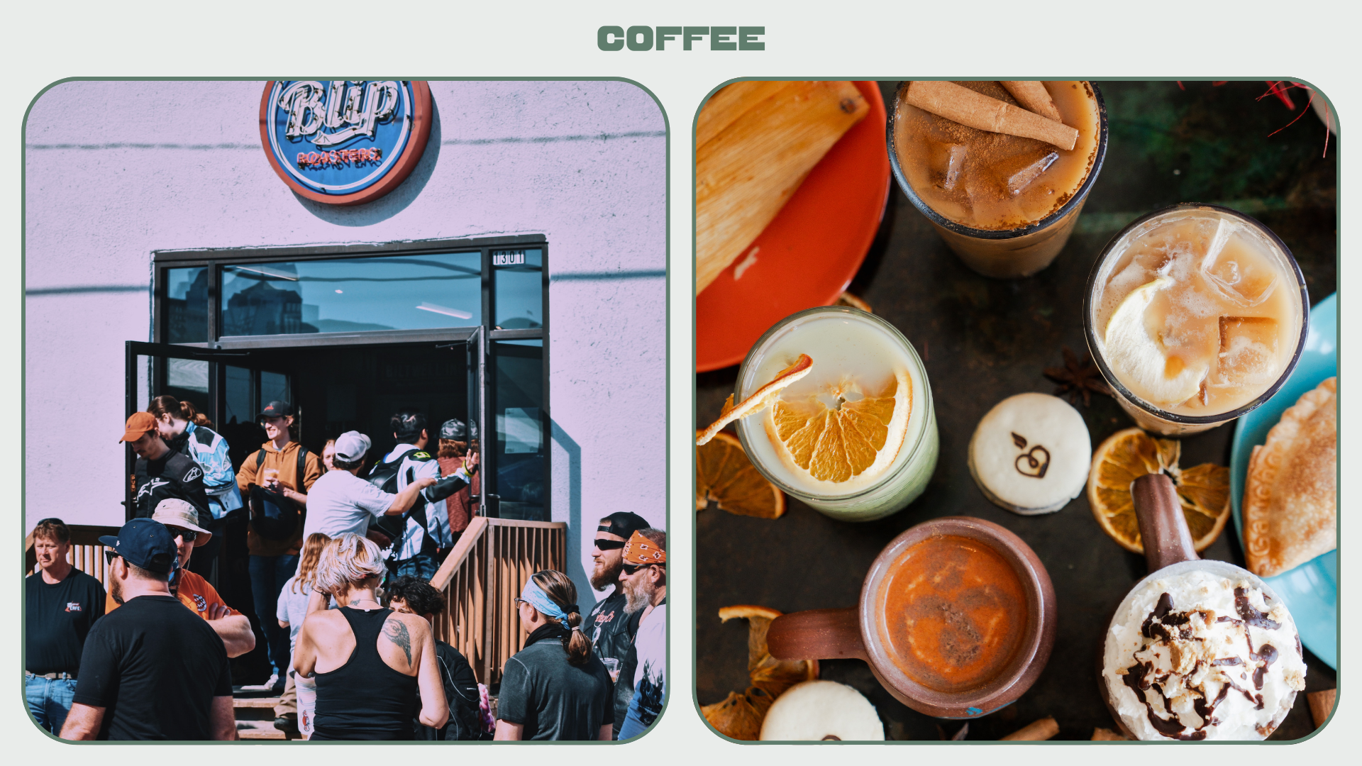 L: Queue outside Blip Coffee. R: Assortment of creamy iced-coffees