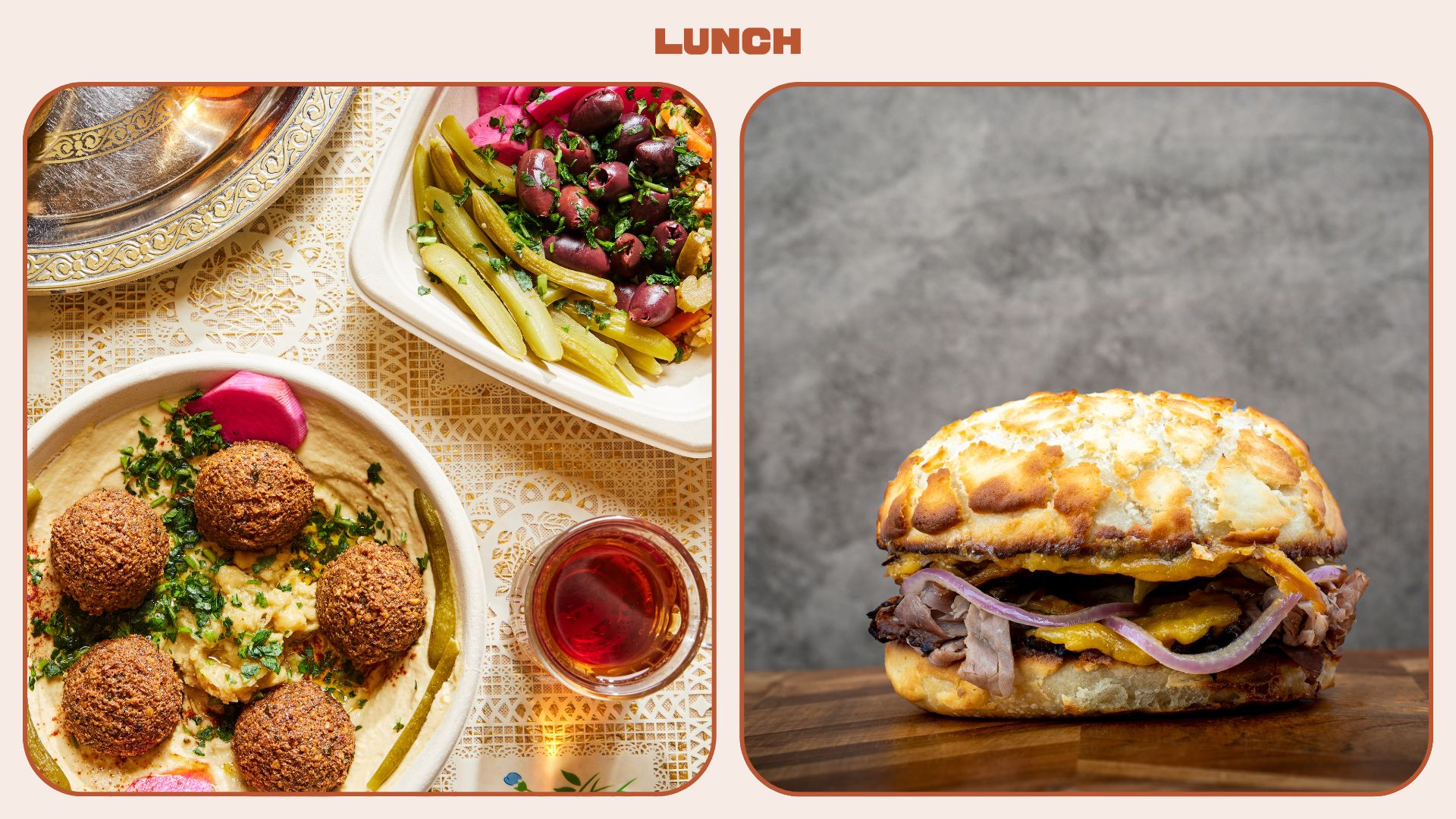 L: Mezze plate. R: Meat sandwich with melted cheese