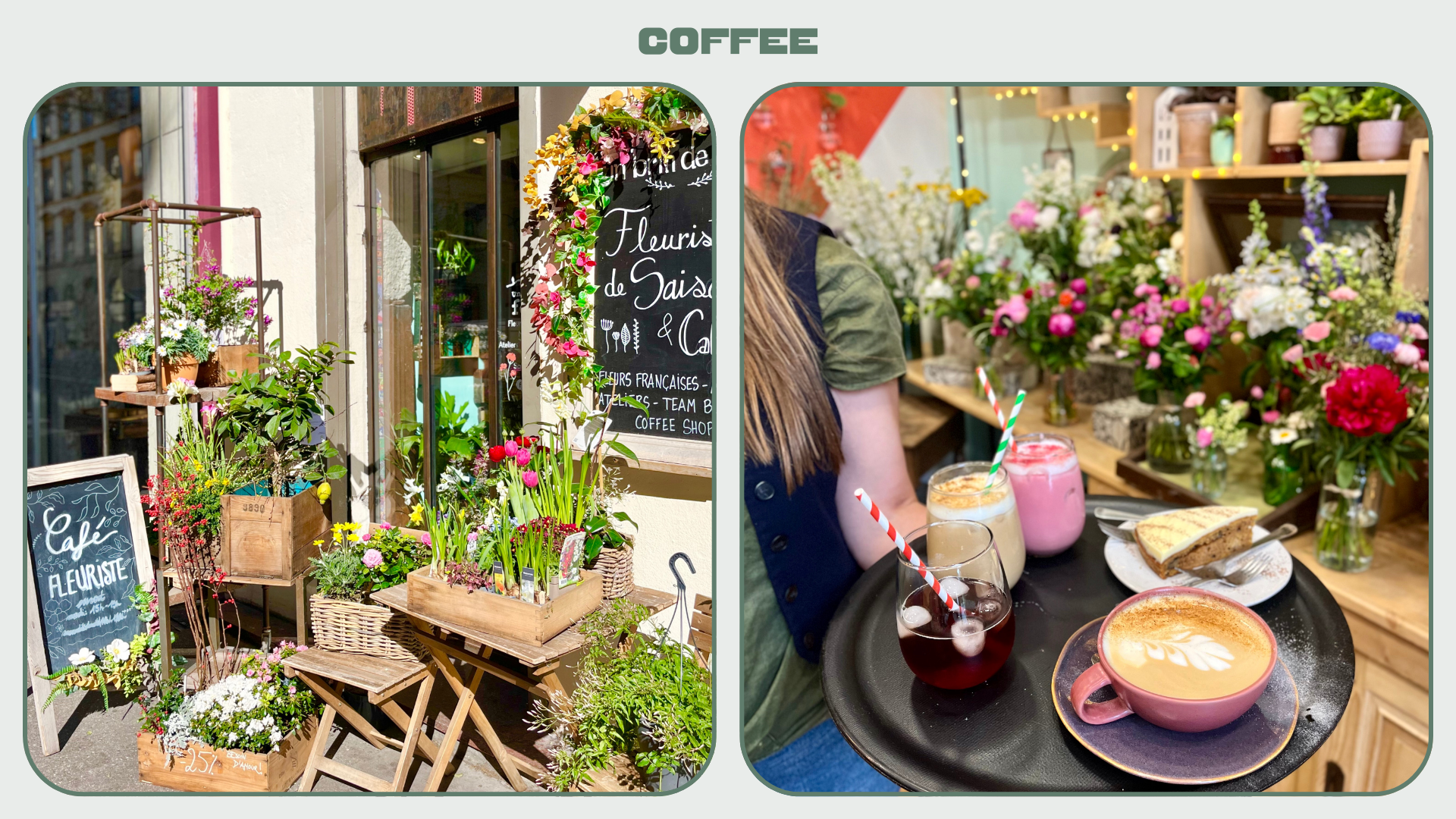 L: Exterior of cafe decorated with flowers. R: Waiter with a plate of iced-coffees