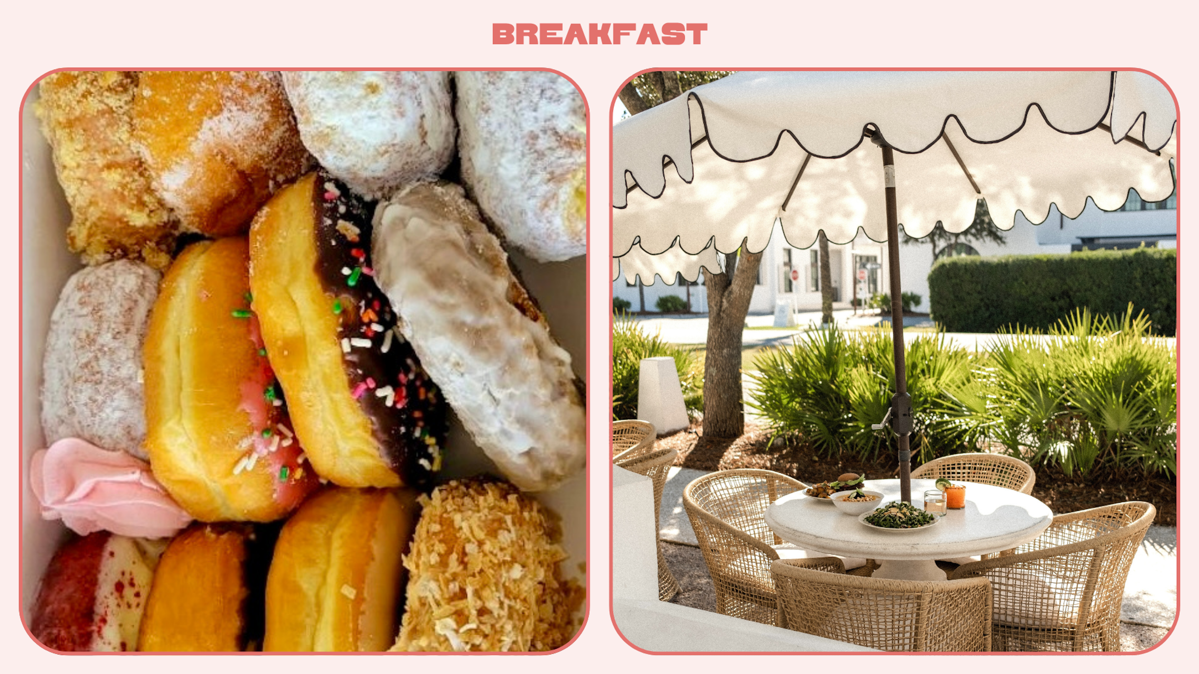 L: a box of donuts; R: An outdoor table