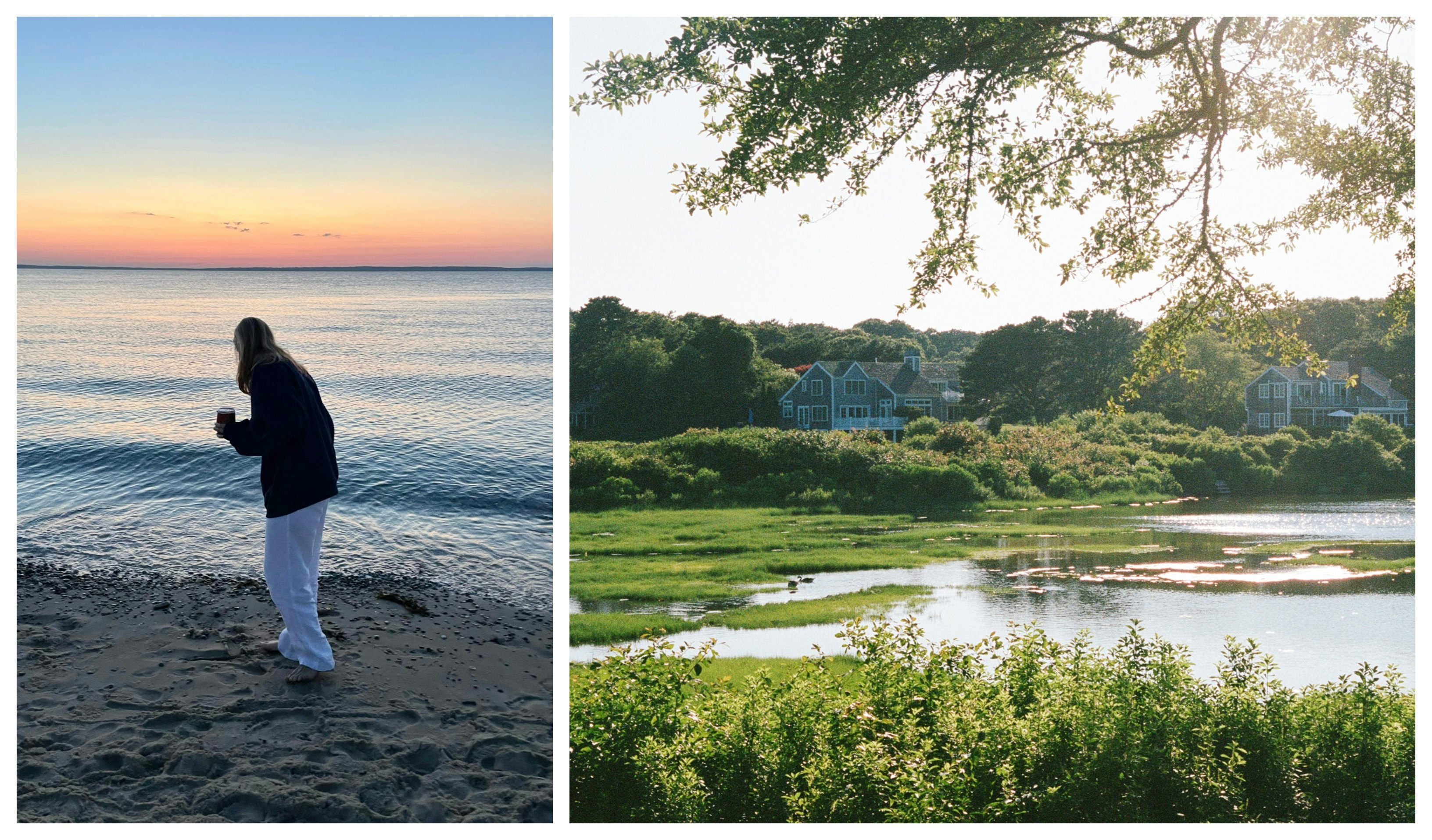 Collage of images from Martha's Vineyard - L: Ann Douglas Lott on Aquinnah Beach, R: Marsh landscape