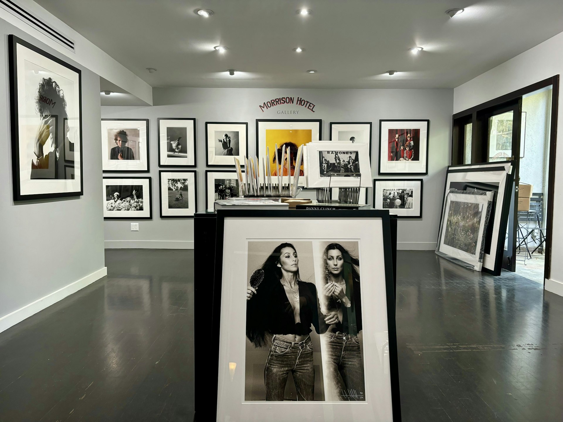 A photograph of Cher in the Morrison Hotel Gallery, where a collection of the greatest rock and pop culture photography adorns the walls, Sunset Marquis Hotel, West Hollywood, California, USA