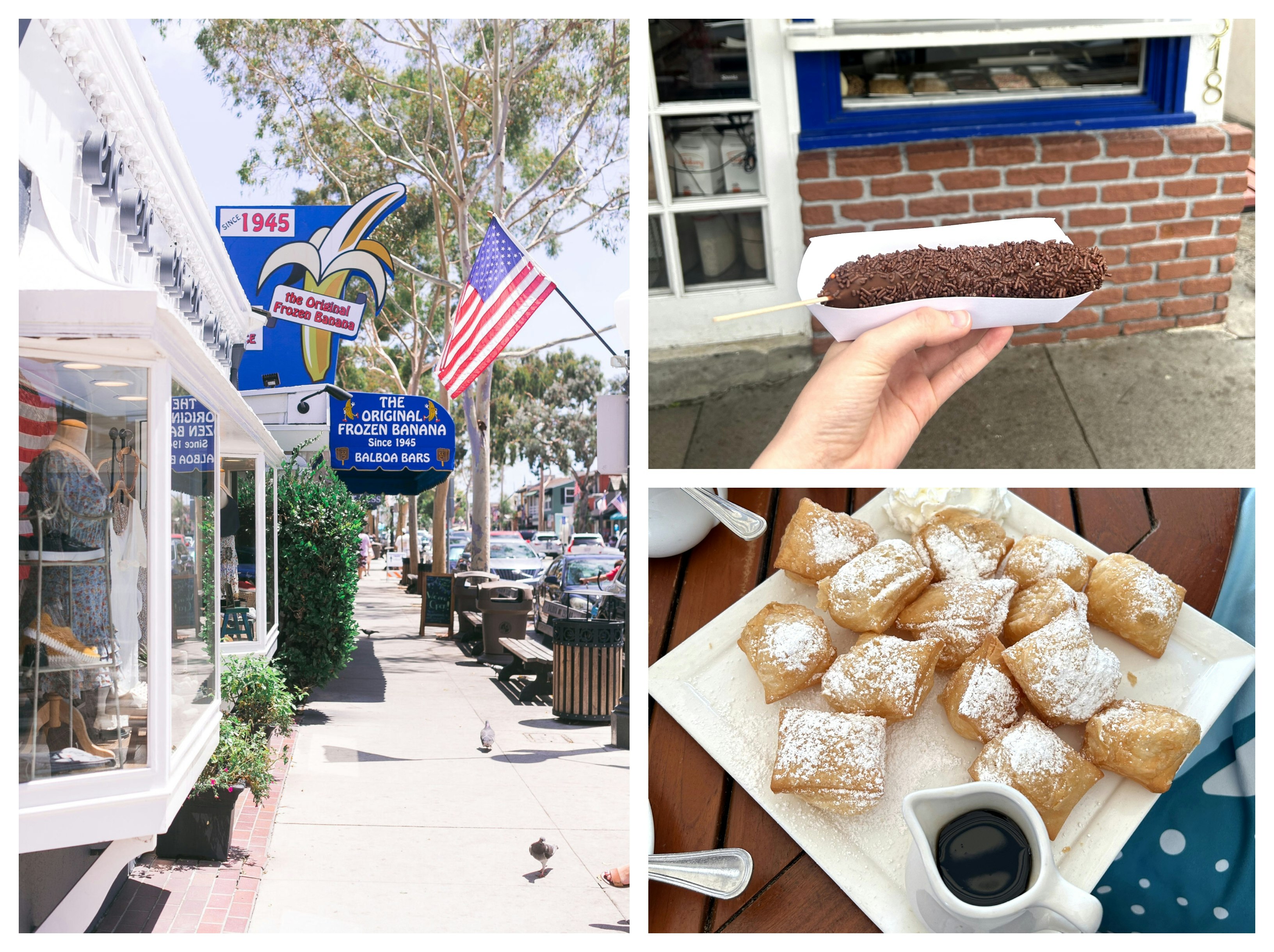 Collage Left: Exterior of a frozen banana shop with an American flag flying over it; Top right: A frozen banana; Bottom right: small sugar-covered treats with a small jug of syrup