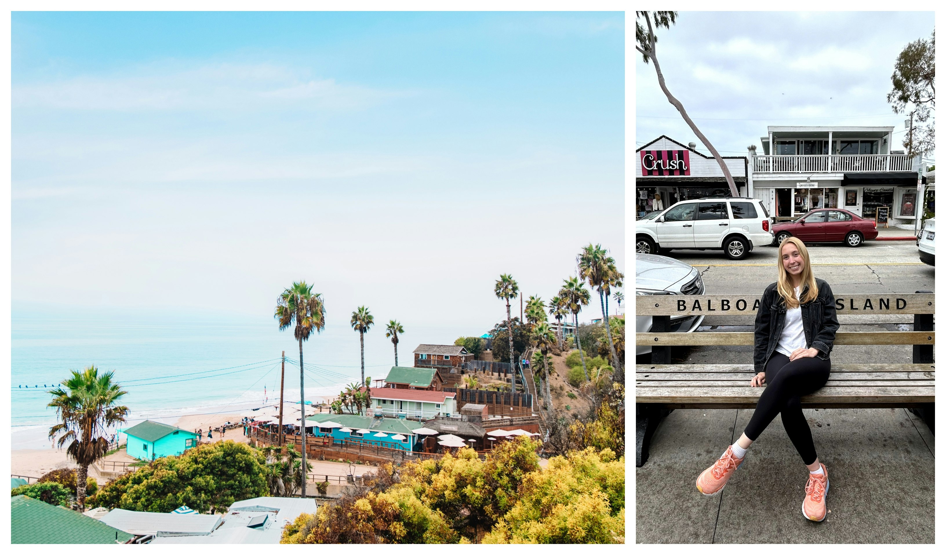Collage Left: Landscape shot of a beachside community; Right: Ann Douglas Lott sat on a bench labeled as "Balboa Island"