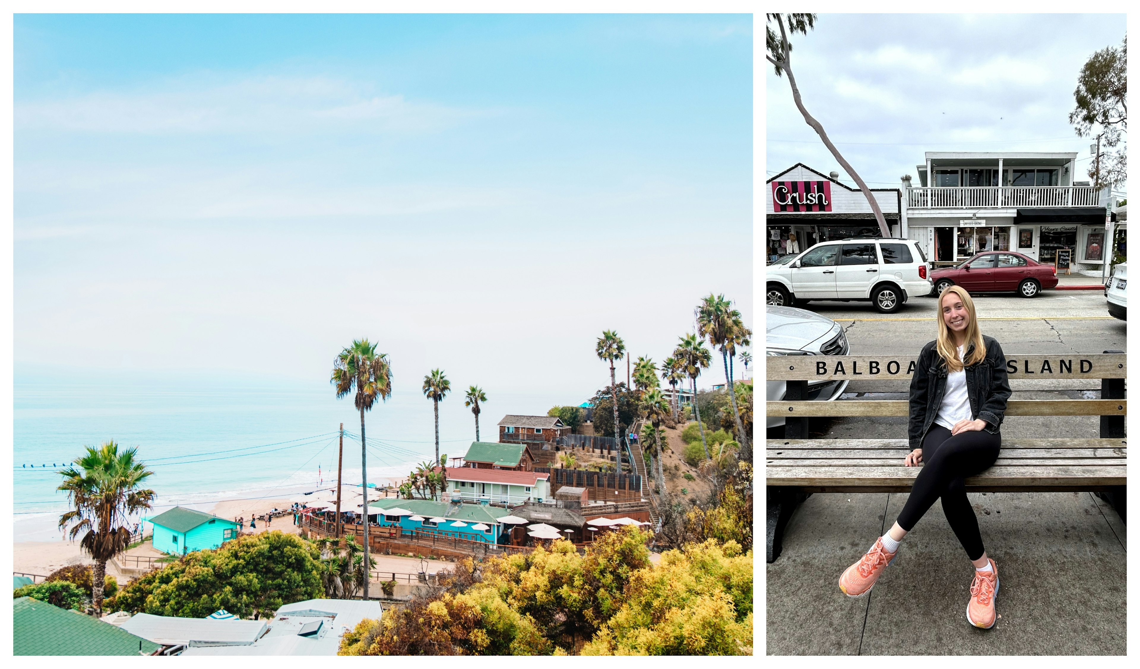 Collage Left: Landscape shot of a beachside community; Right: Ann Douglas Lott sat on a bench labeled as