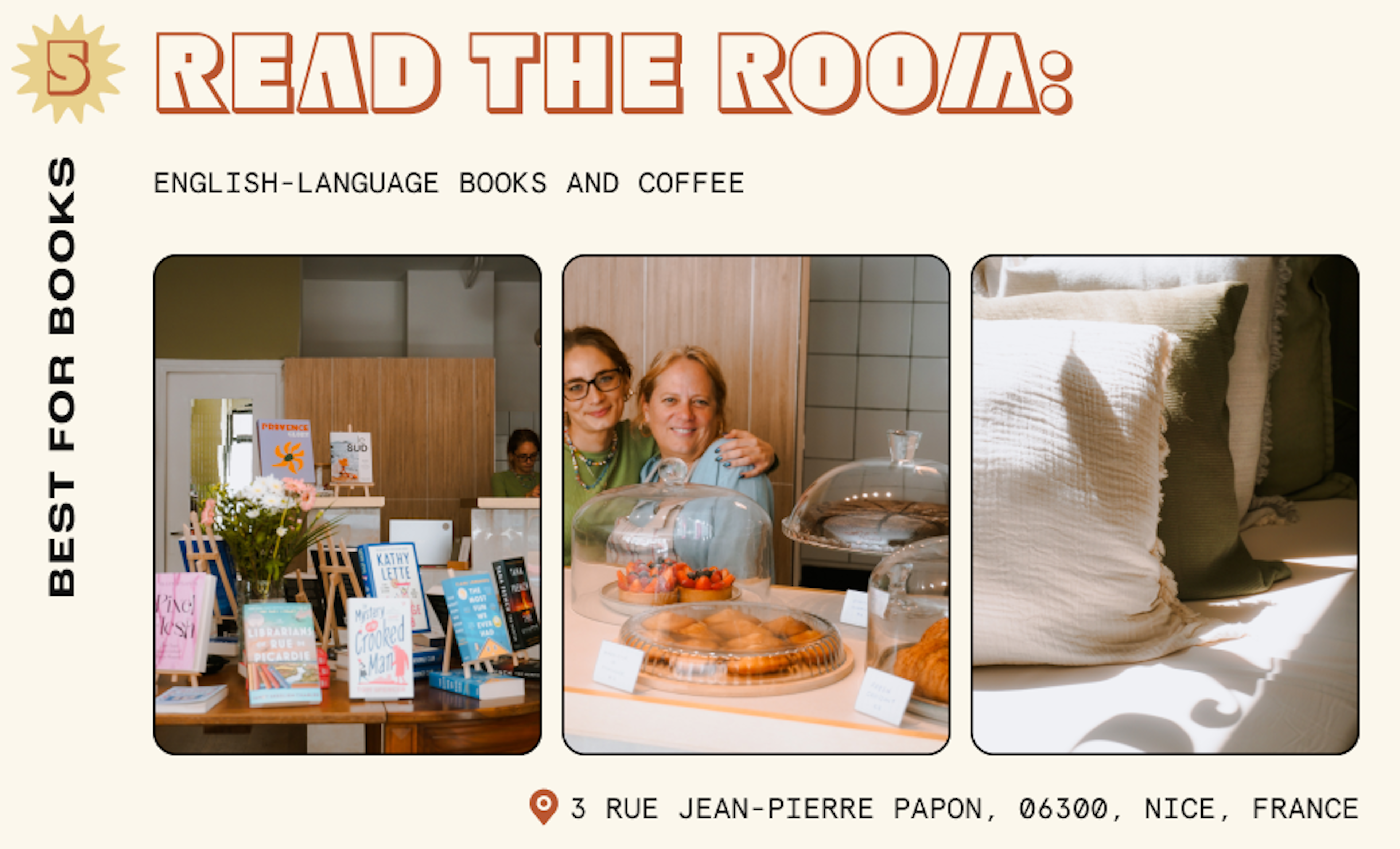 The smiling owners of a French bookstore and samples of what they sell including books, pastries and cushions